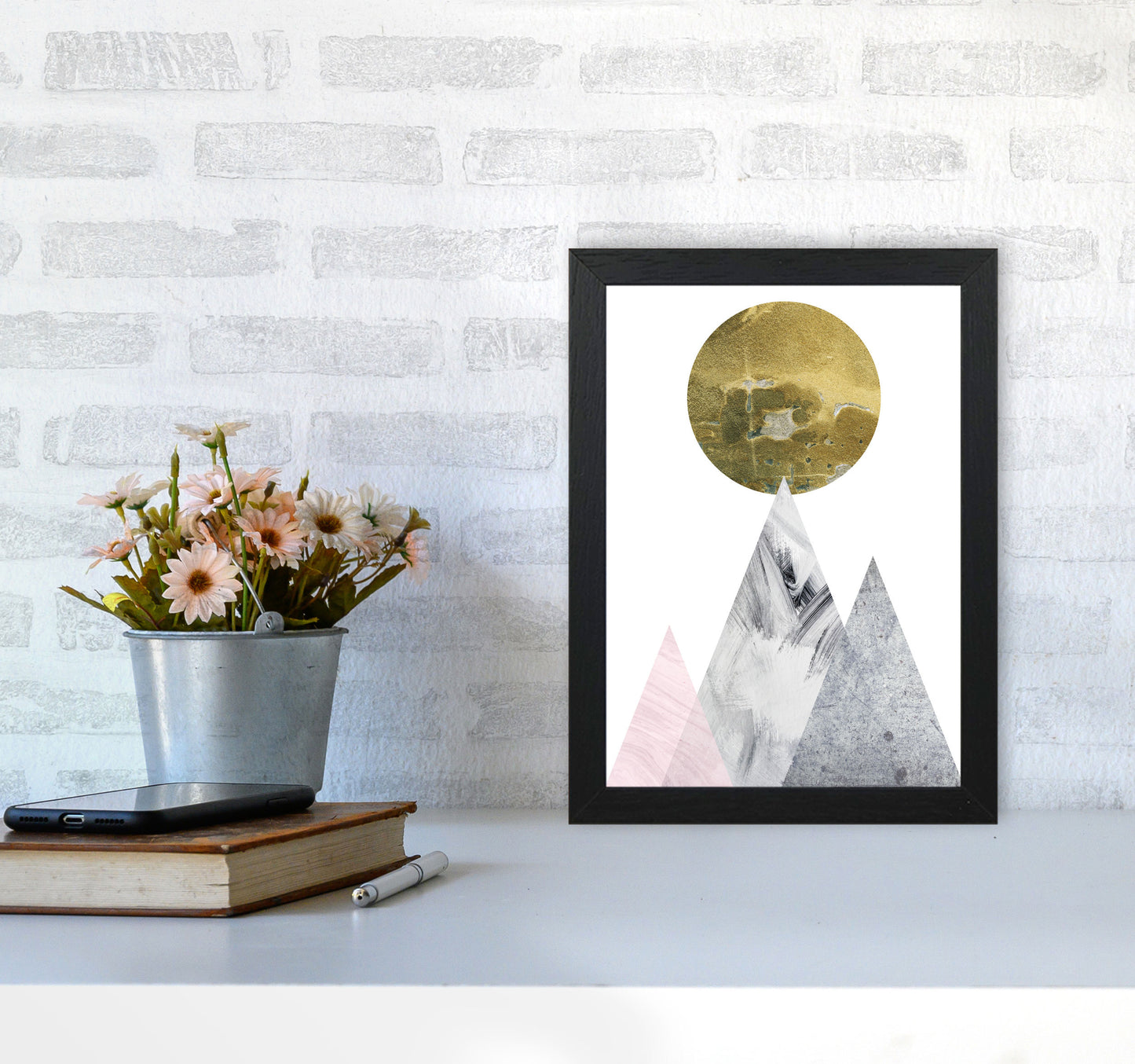 Pink And Grey Mountains Abstract Modern Print A4 White Frame