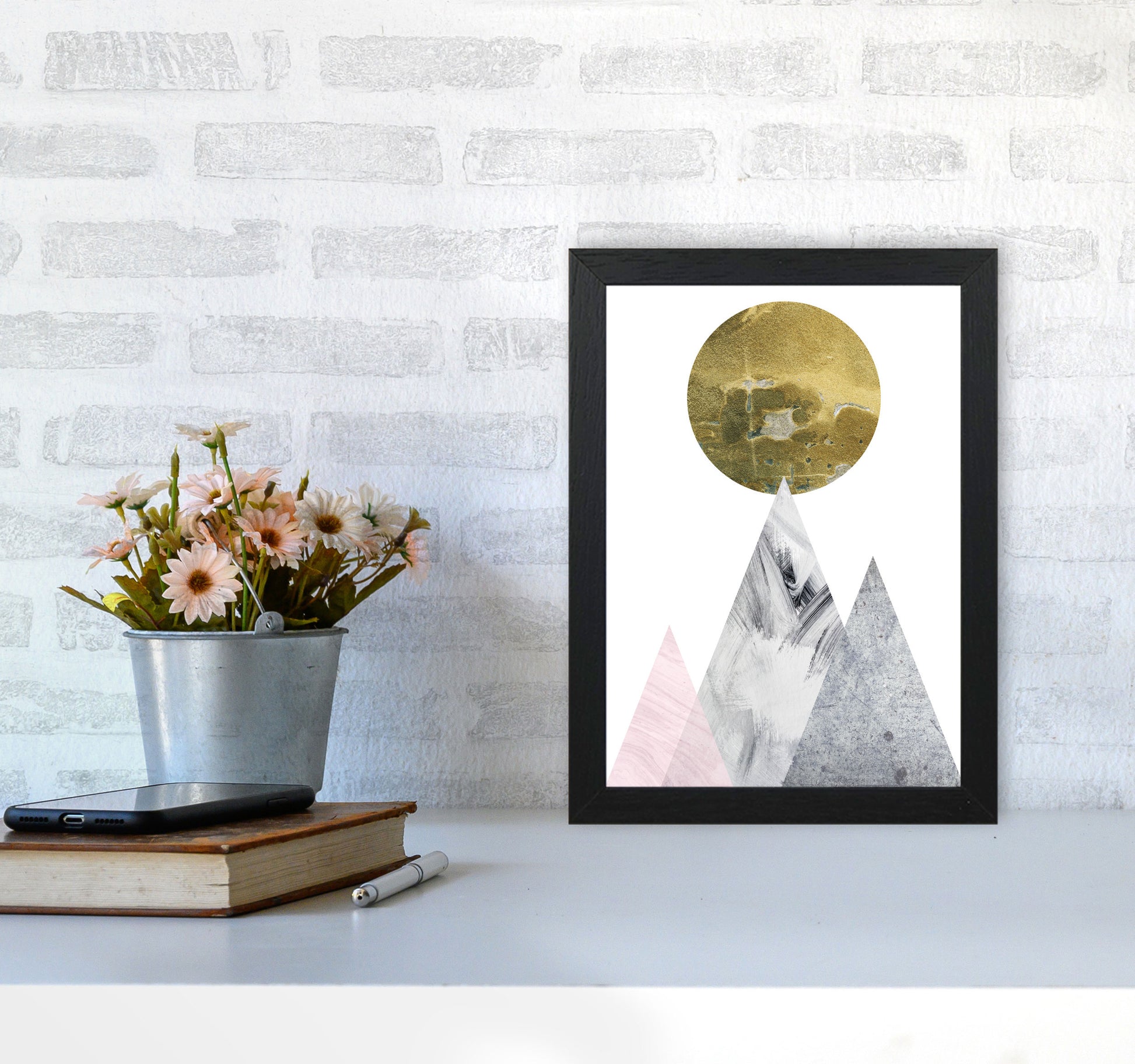Pink And Grey Mountains Abstract Modern Print A4 White Frame