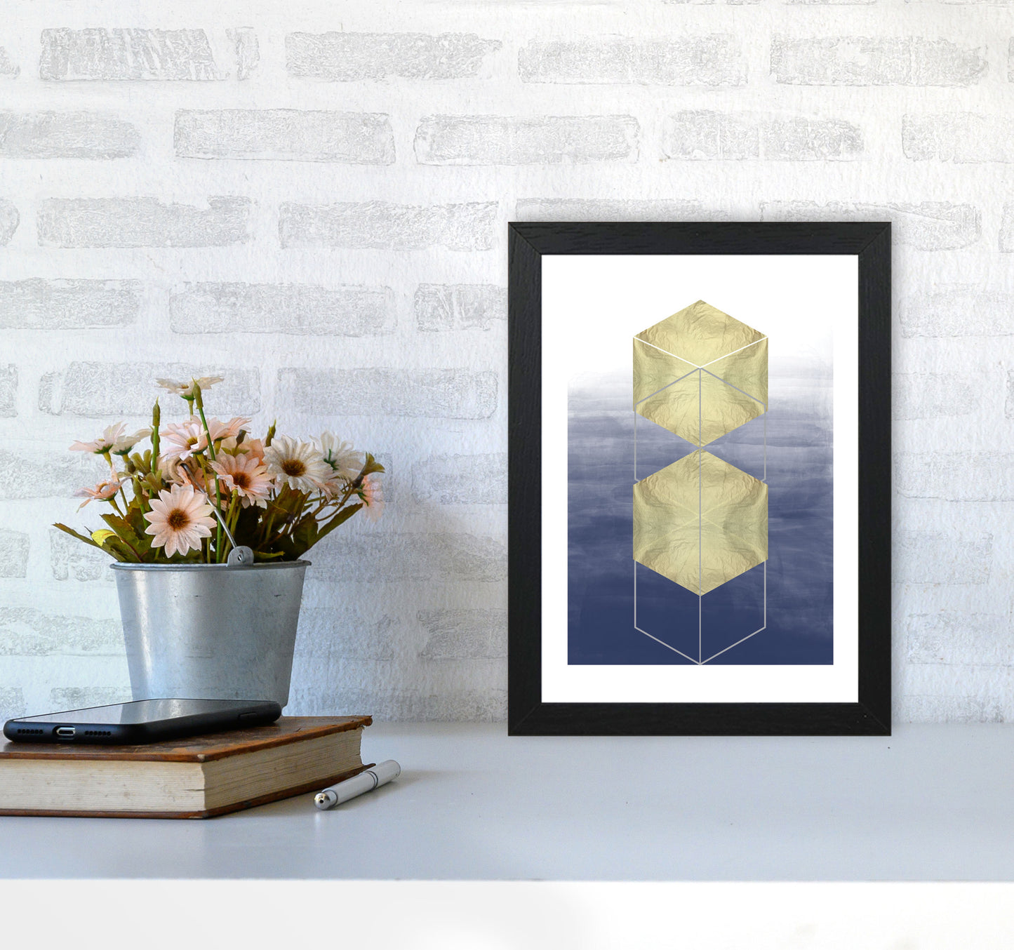 Navy And Gold Abstract Hexagons Modern Print A4 White Frame