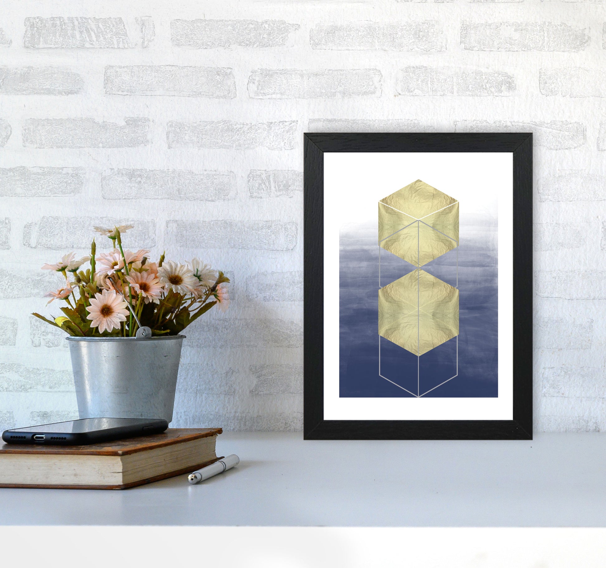Navy And Gold Abstract Hexagons Modern Print A4 White Frame
