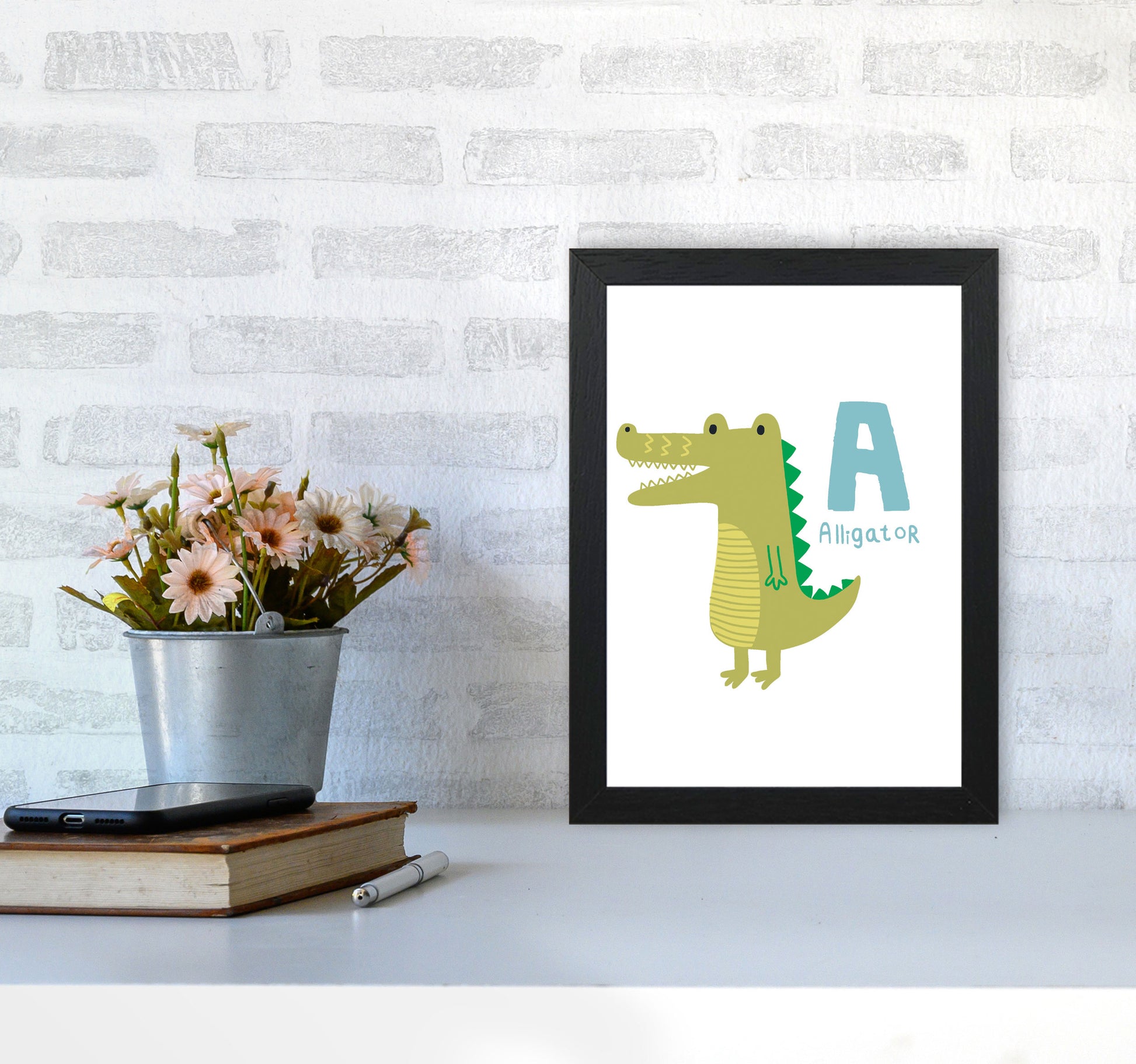 Alphabet Animals, A Is For Alligator Framed Nursey Wall Art Print A4 White Frame