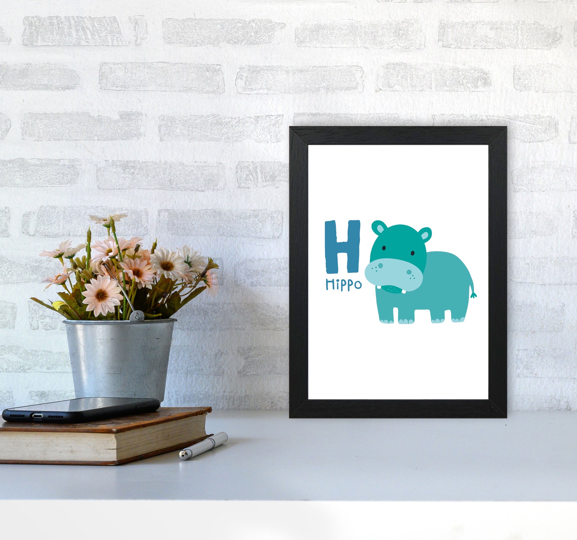 Alphabet Animals, H Is For Hippo Framed Nursey Wall Art Print A4 White Frame