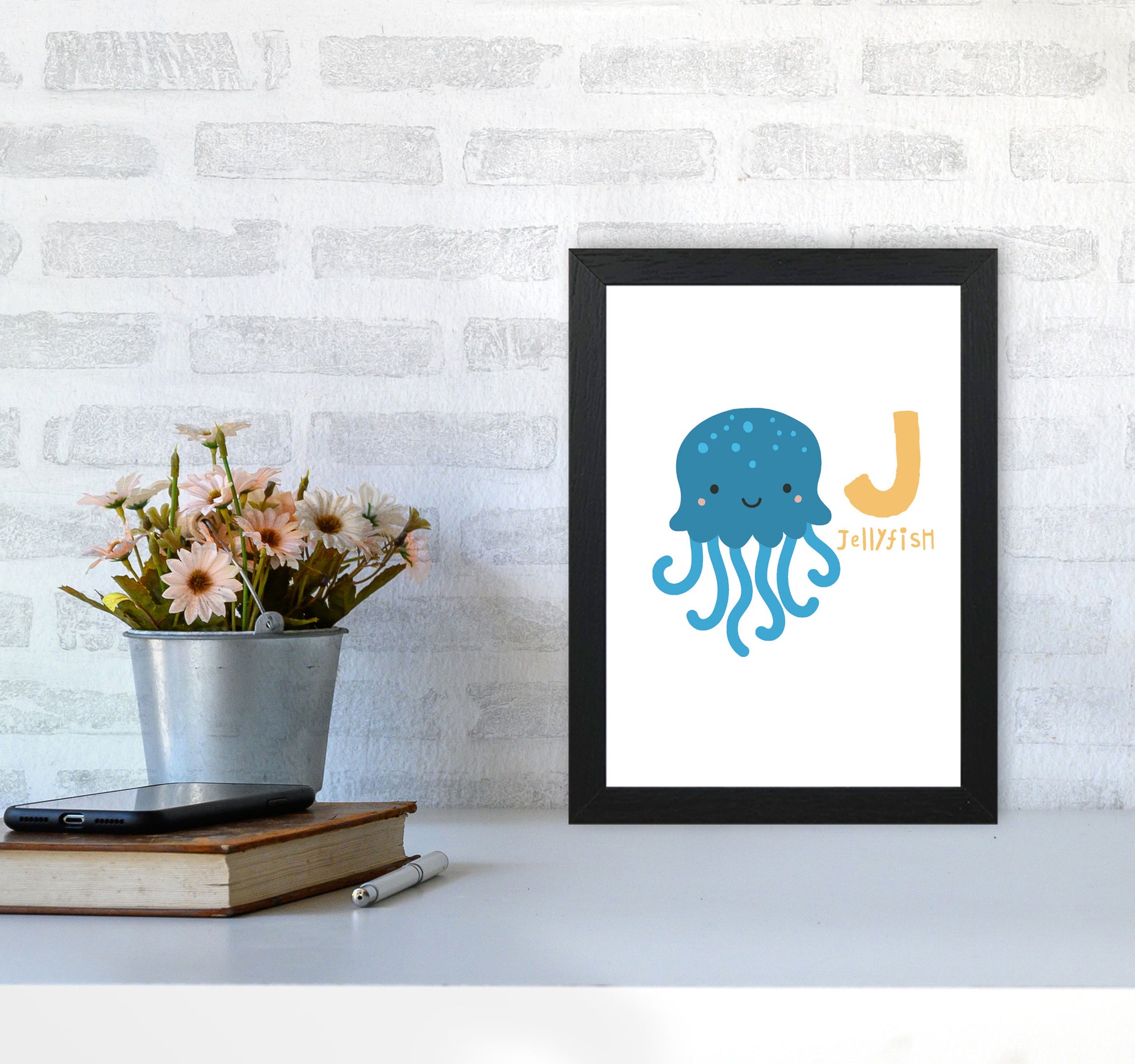 Alphabet Animals, J Is For Jellyfish Framed Nursey Wall Art Print A4 White Frame