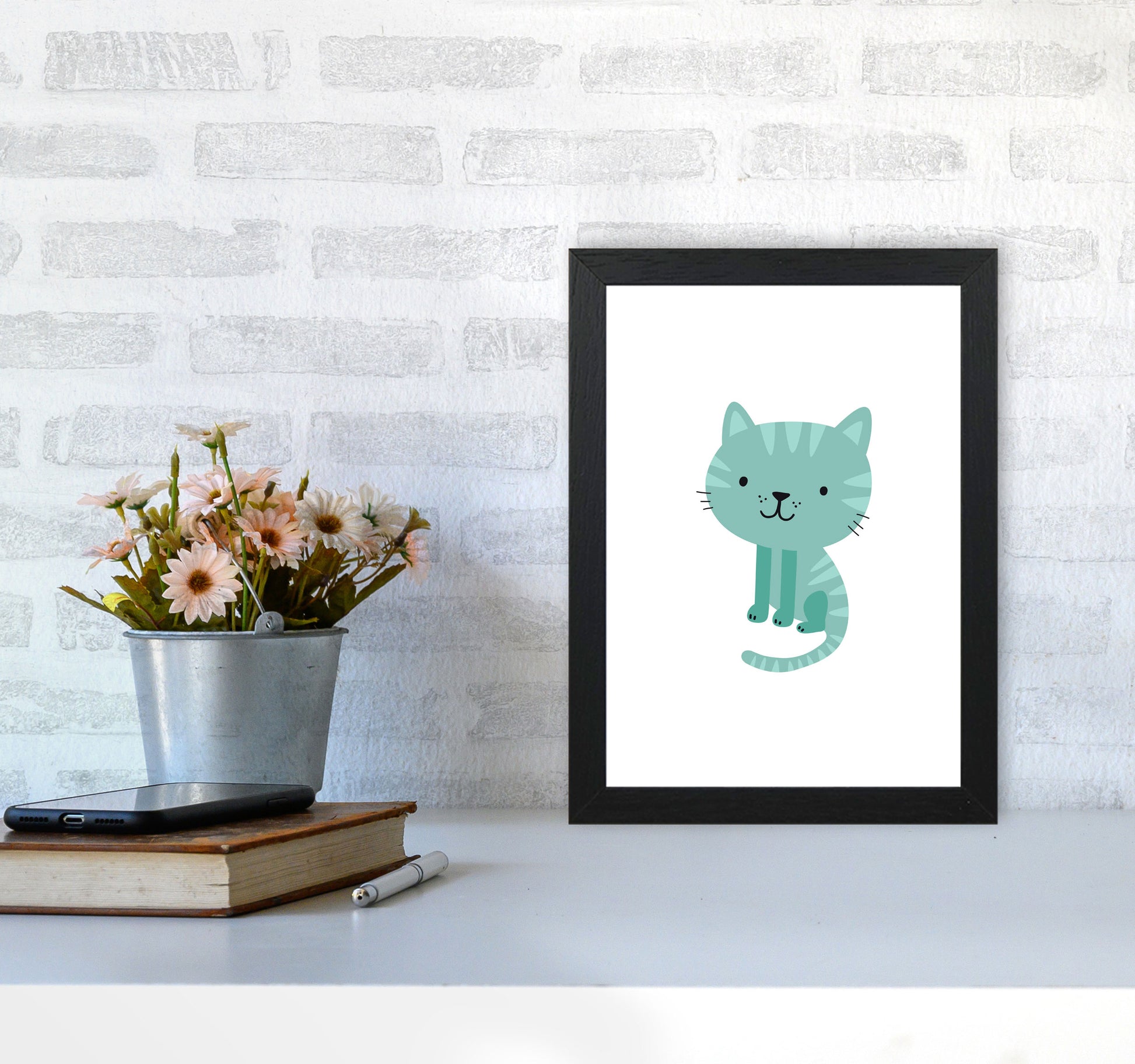Children&#39;s Animals, Cat Modern Print A4 White Frame