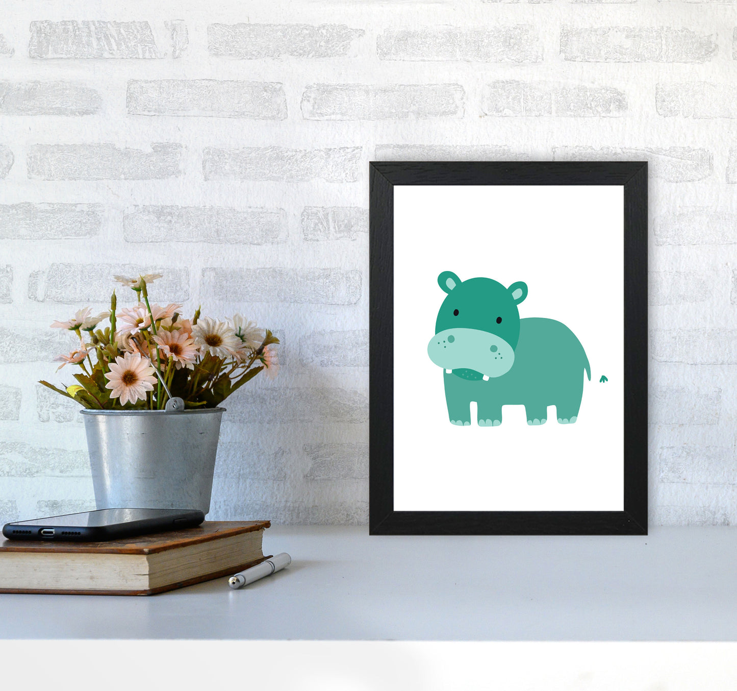 Children&#39;s Animals, Hippo Modern Print A4 White Frame