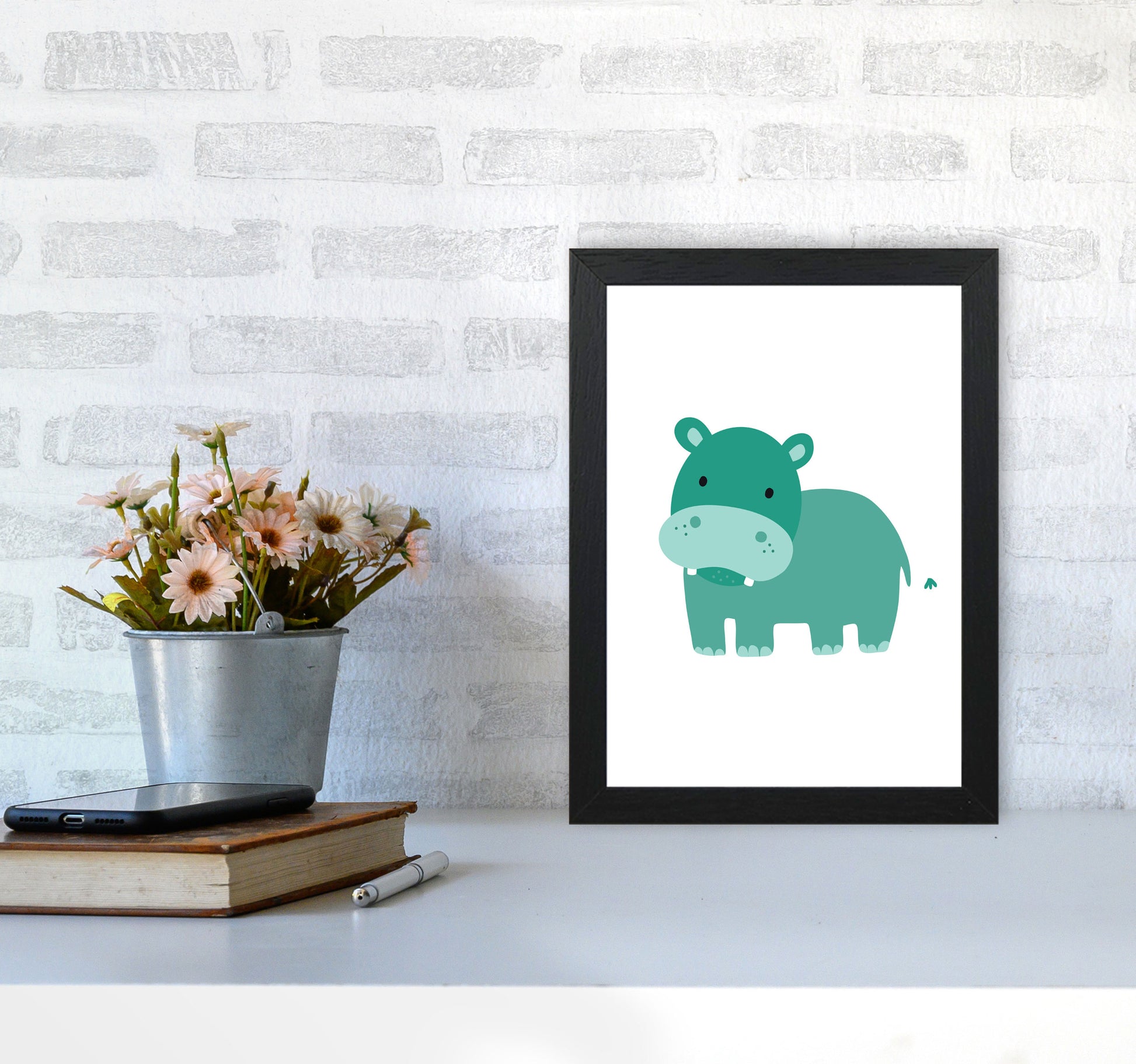 Children&#39;s Animals, Hippo Modern Print A4 White Frame