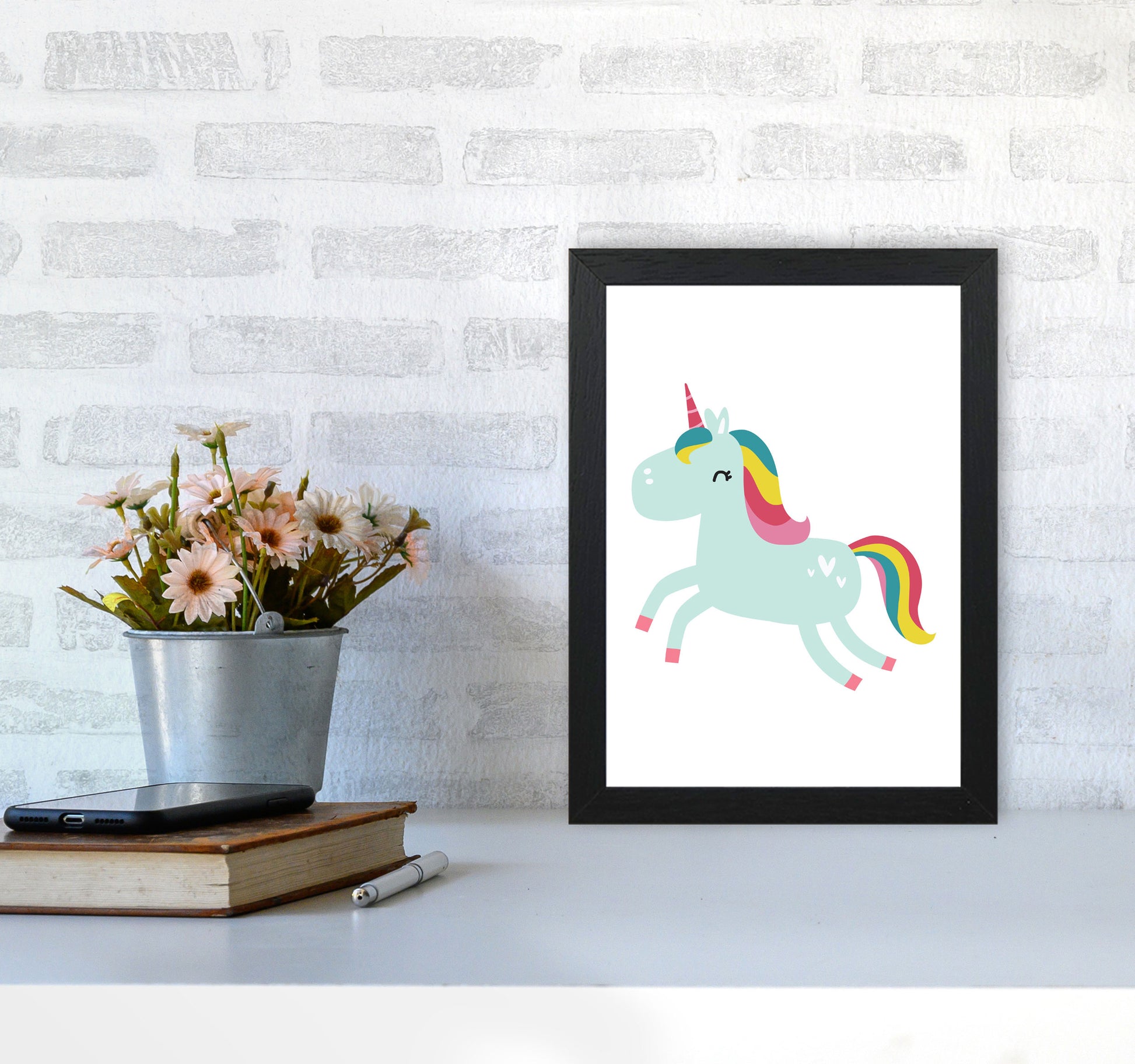Children&#39;s Animals, Unicorn Modern Print A4 White Frame