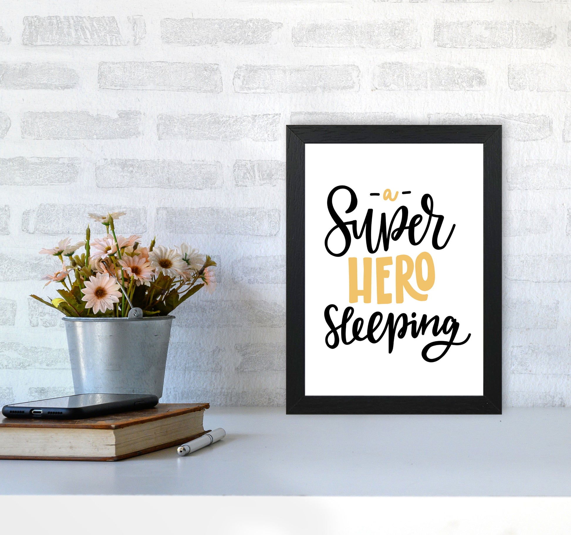 Superhero Sleeping Mustard And Black Framed Nursey Wall Art Print A4 White Frame