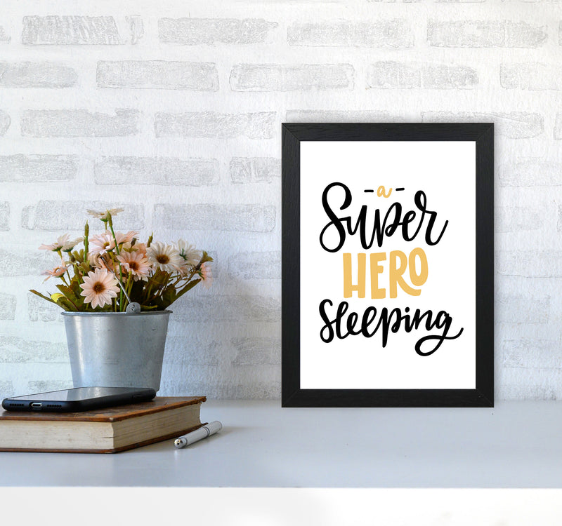 Superhero Sleeping Mustard And Black Framed Nursey Wall Art Print A4 White Frame
