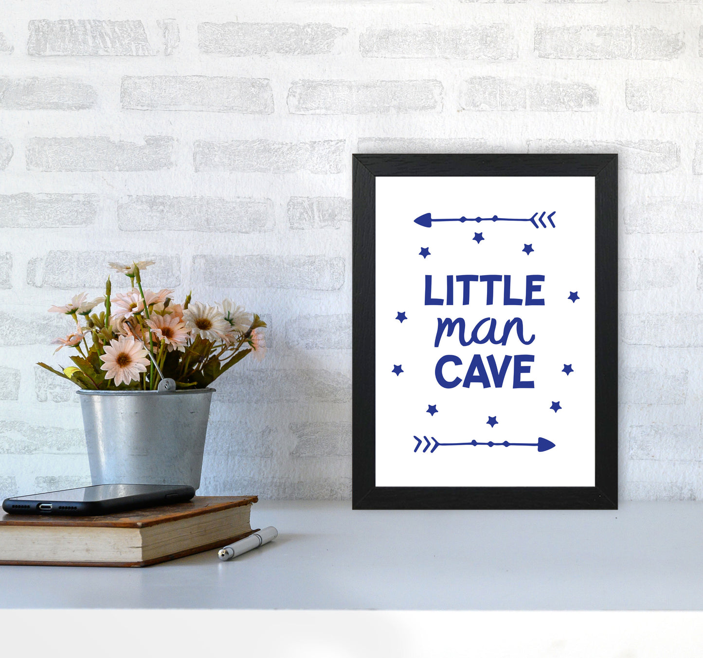 Little Man Cave Navy Arrows Framed Nursey Wall Art Print A4 White Frame