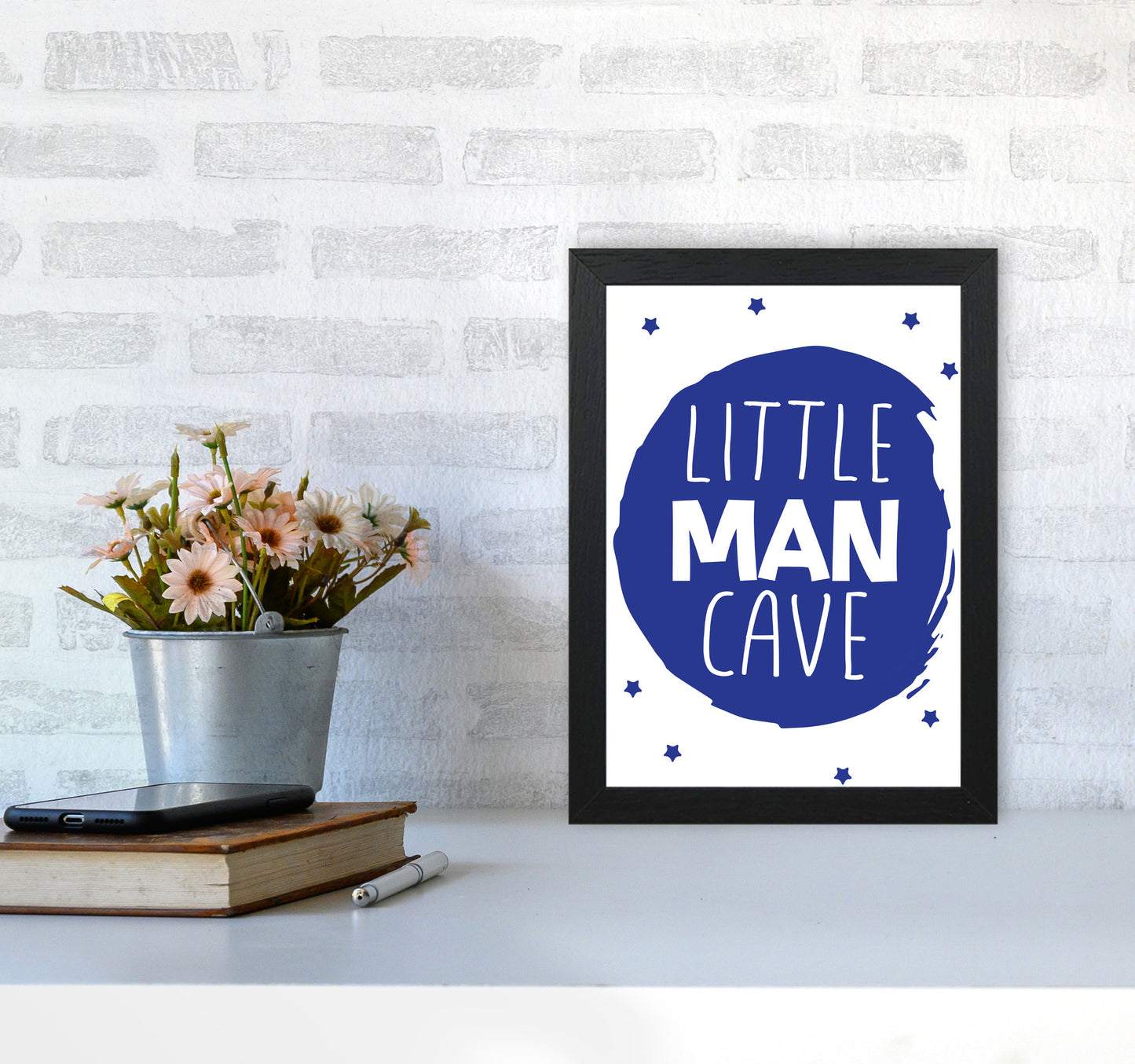 Little Man Cave Navy Circle Framed Nursey Wall Art Print A4 White Frame