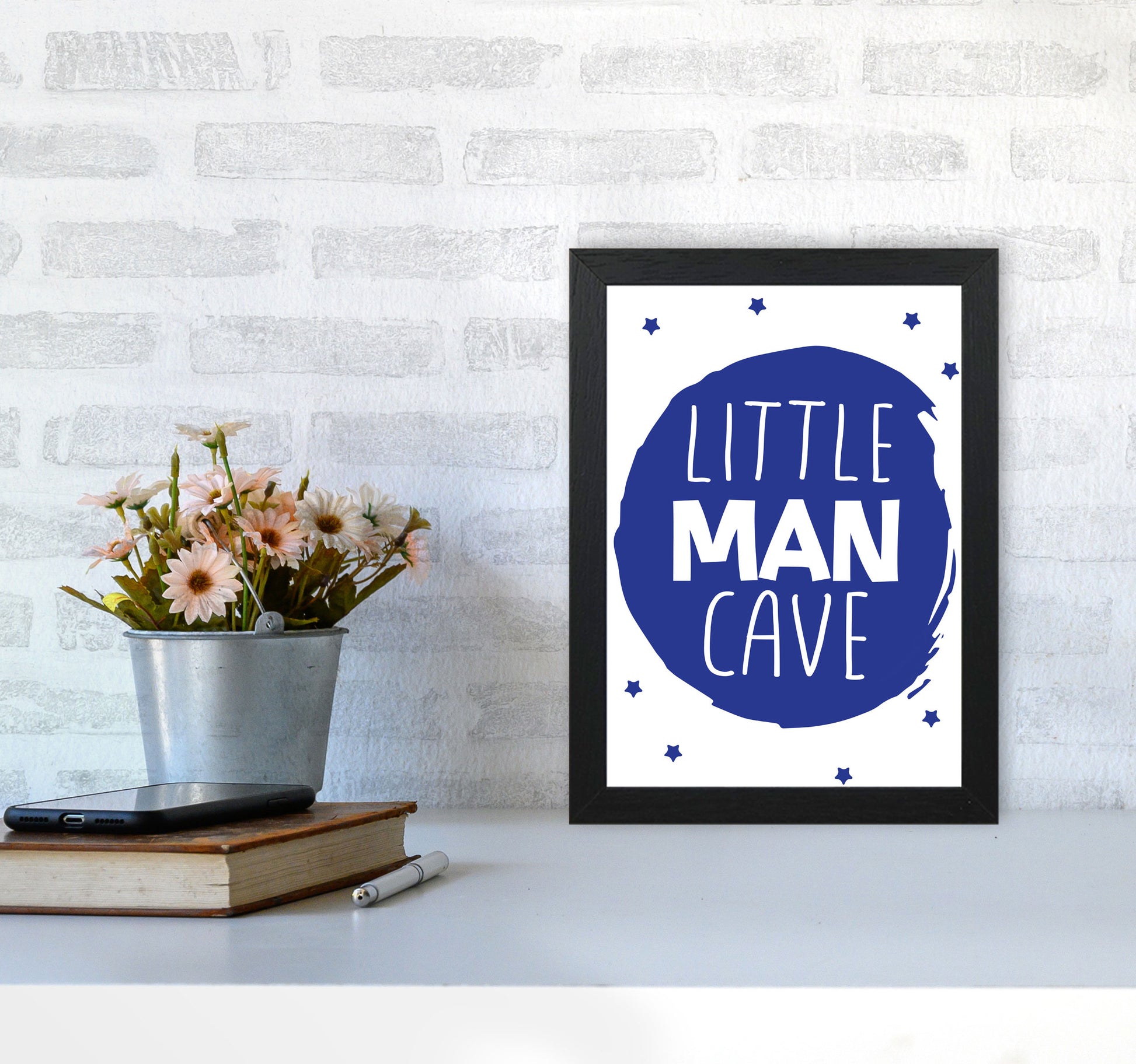Little Man Cave Navy Circle Framed Nursey Wall Art Print A4 White Frame