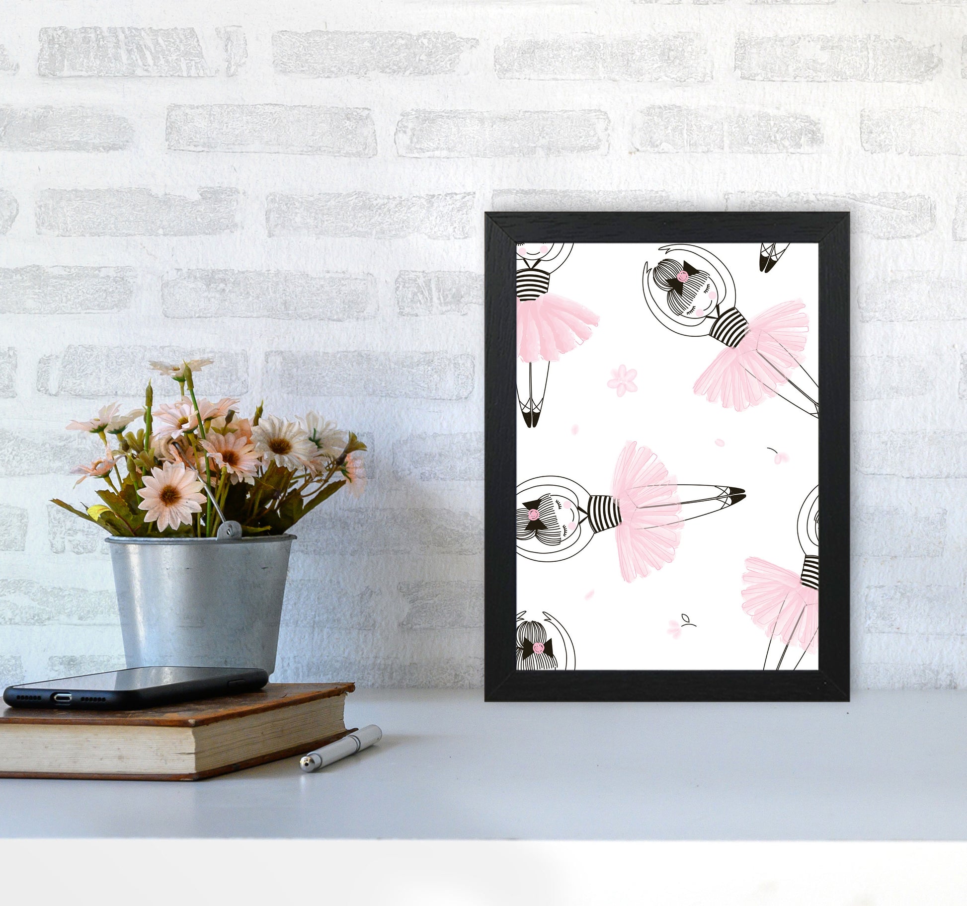 Ballerina Repeat Pattern Framed Nursey Wall Art Print A4 White Frame