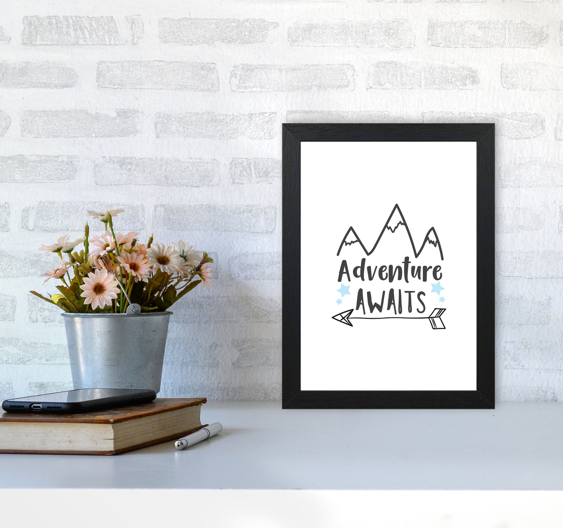 Adventure Awaits Framed Typography Wall Art Print A4 White Frame