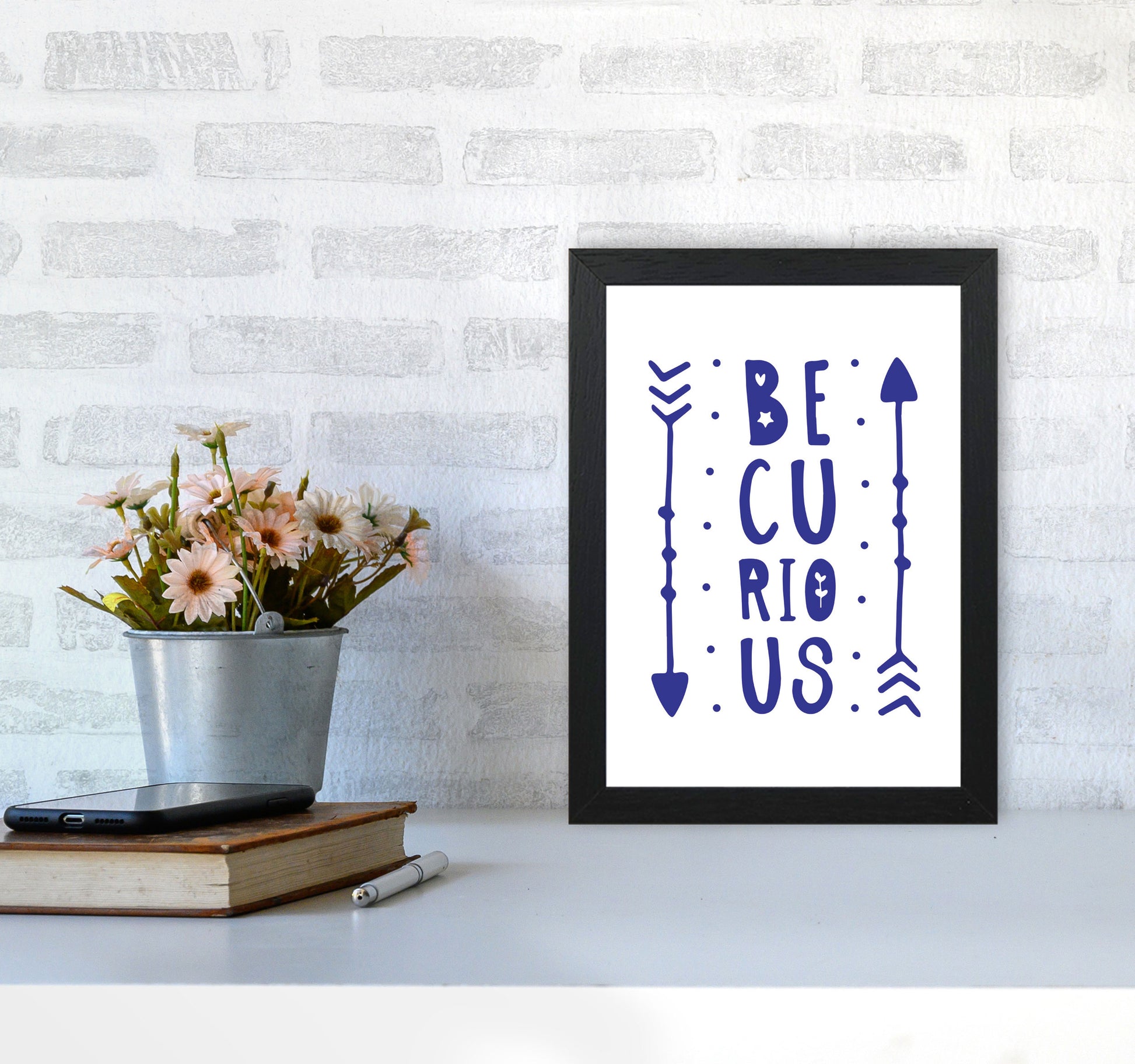 Be Curious Navy Framed Typography Wall Art Print A4 White Frame