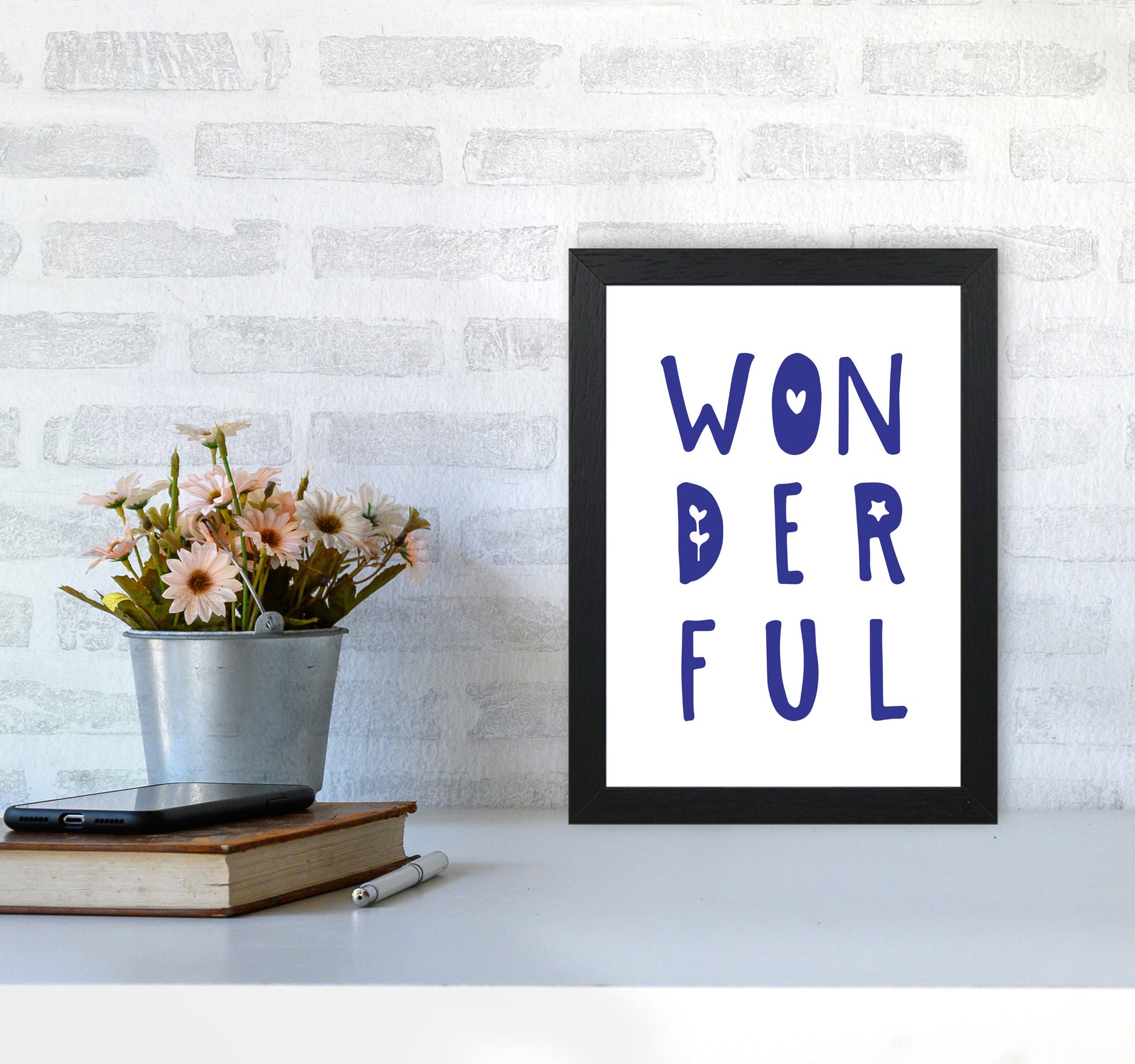 Wonderful Navy Framed Nursey Wall Art Print A4 White Frame
