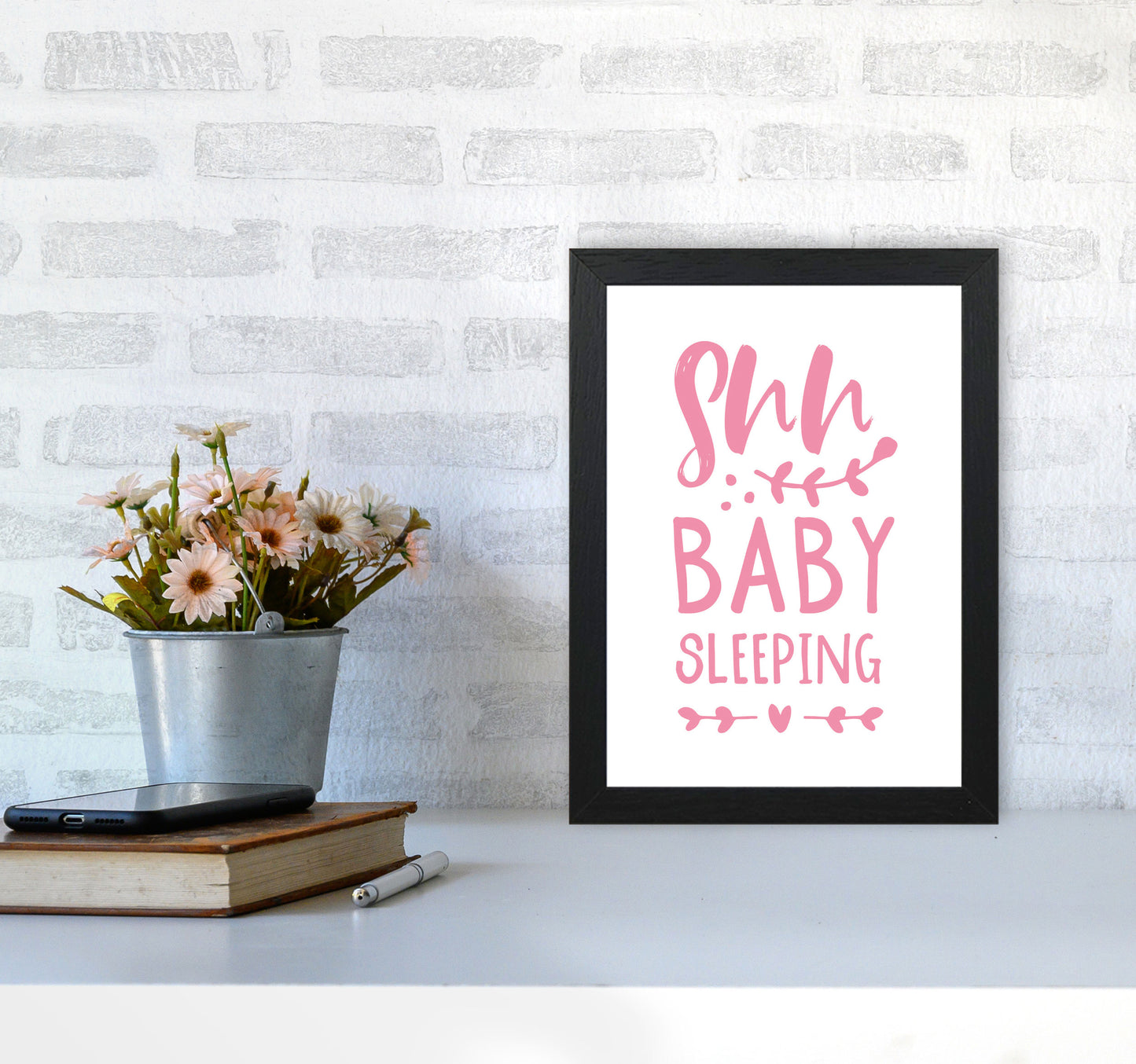 Shh Baby Sleeping Pink Framed Nursey Wall Art Print A4 White Frame