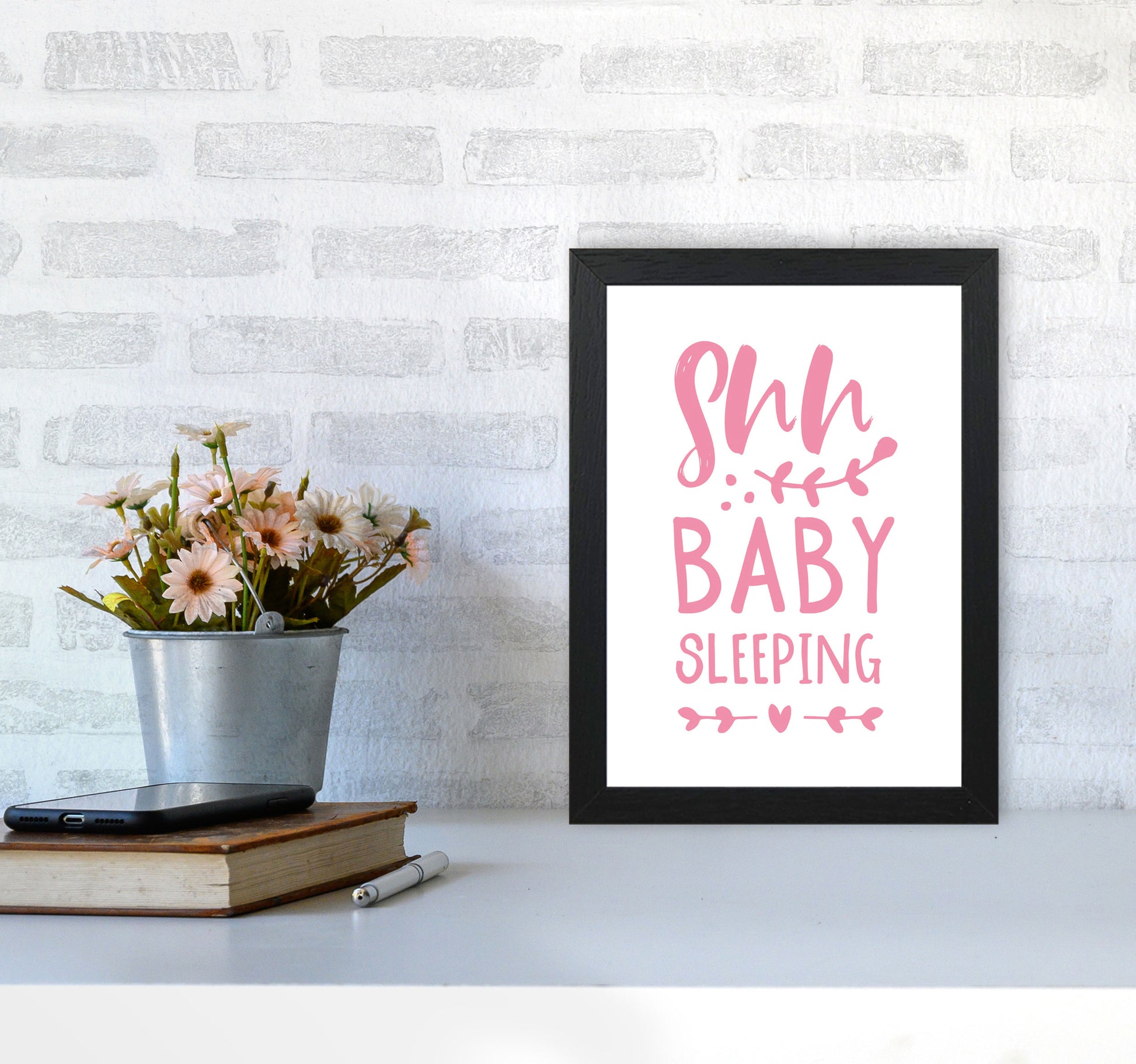 Shh Baby Sleeping Pink Framed Nursey Wall Art Print A4 White Frame