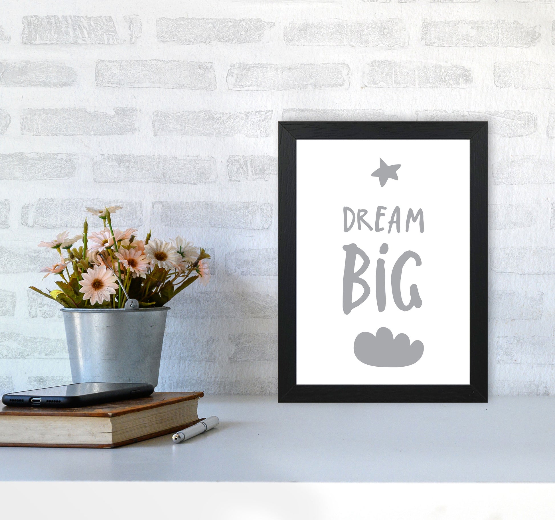 Dream Big Grey Framed Typography Wall Art Print A4 White Frame
