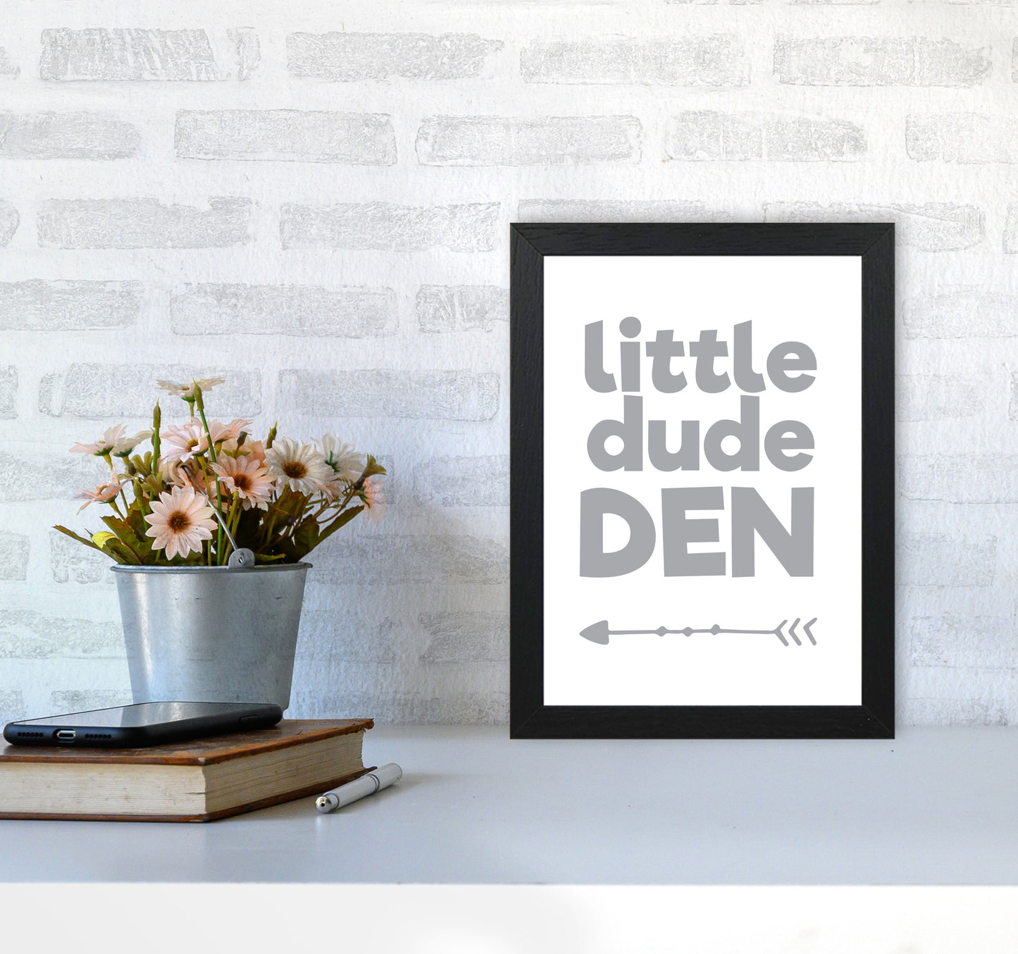 Little Dude Den Grey Framed Nursey Wall Art Print A4 White Frame
