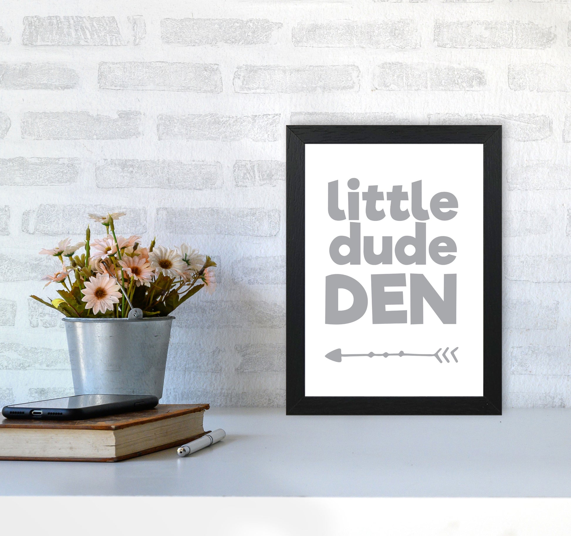 Little Dude Den Grey Framed Nursey Wall Art Print A4 White Frame