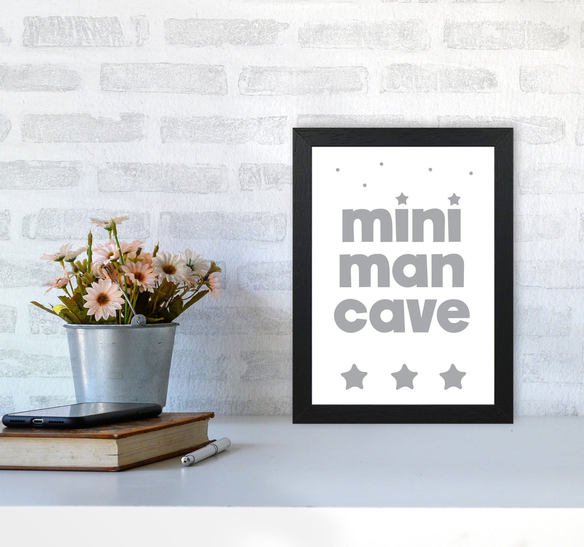Mini Man Cave Grey Framed Nursey Wall Art Print A4 White Frame