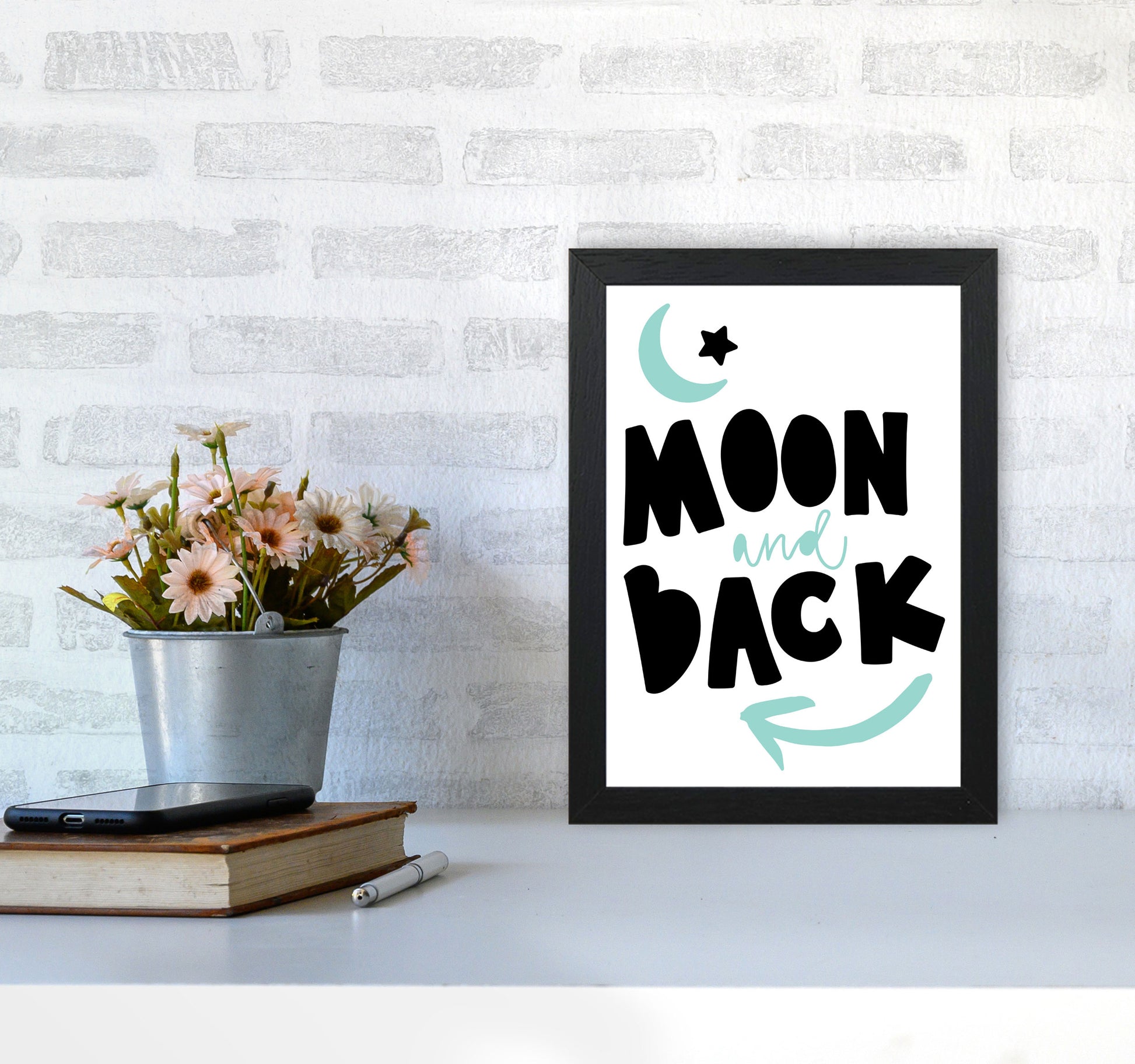 Moon And Back Black And Mint Framed Typography Wall Art Print A4 White Frame