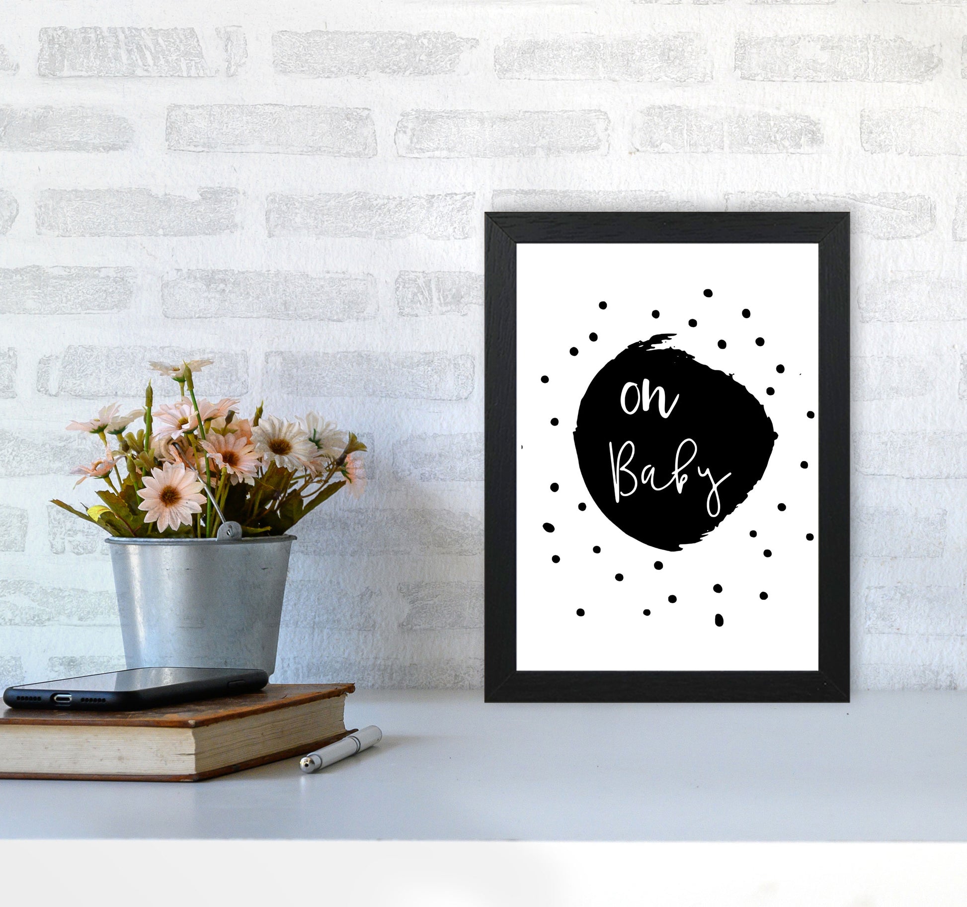 Oh Baby Black Framed Typography Wall Art Print A4 White Frame
