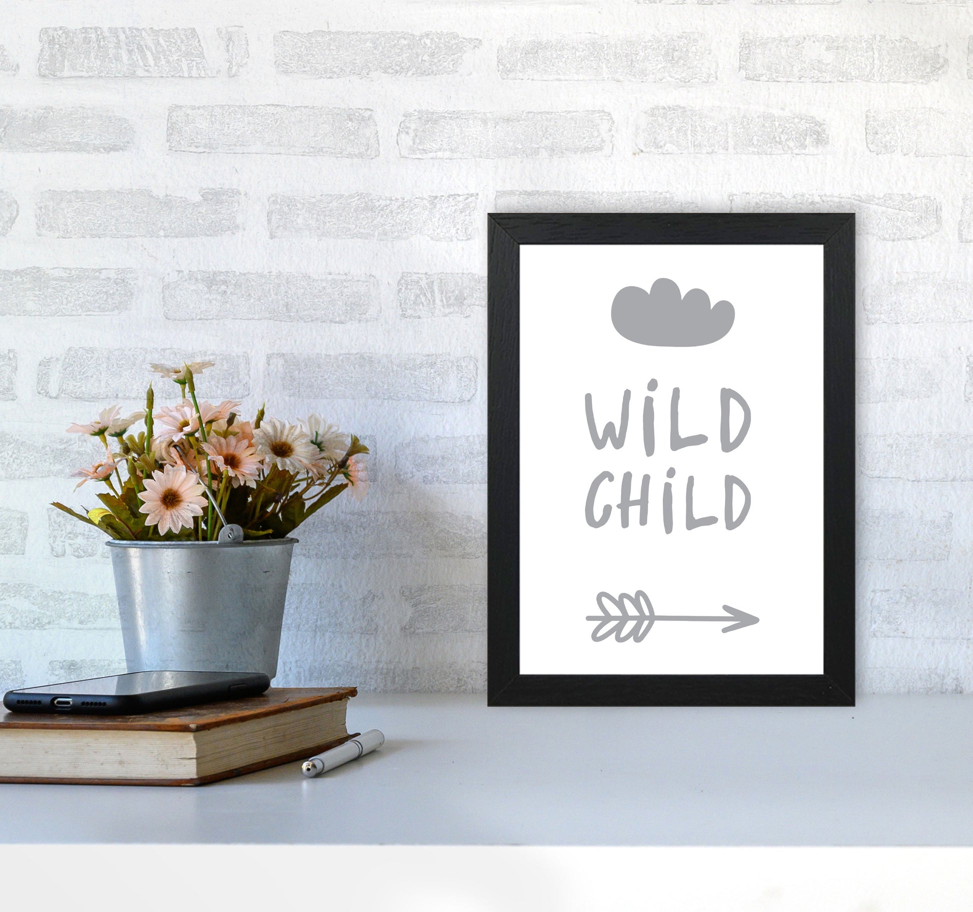 Wild Child Grey Framed Nursey Wall Art Print A4 White Frame
