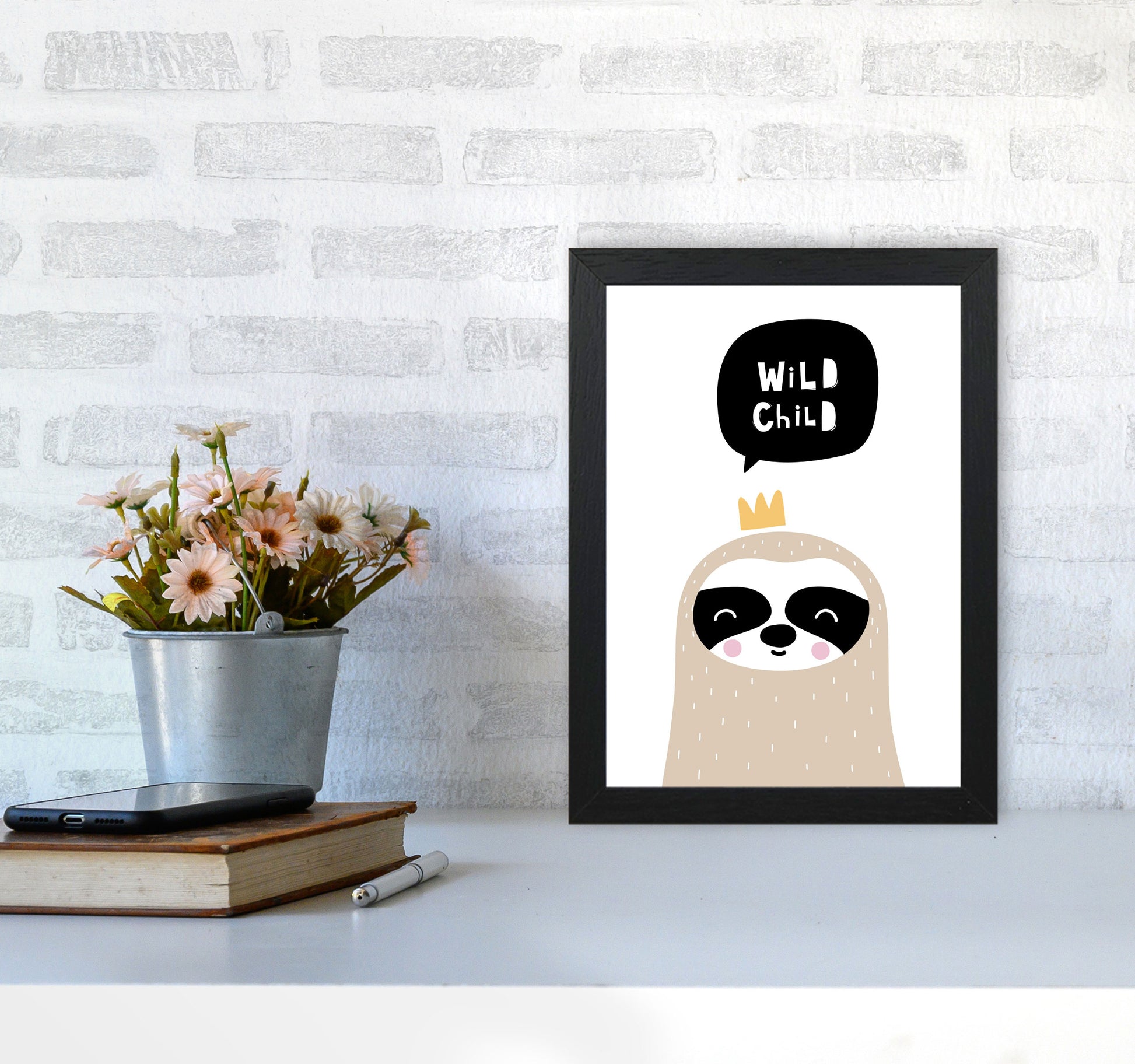 Wild Child Sloth Framed Nursey Wall Art Print A4 White Frame