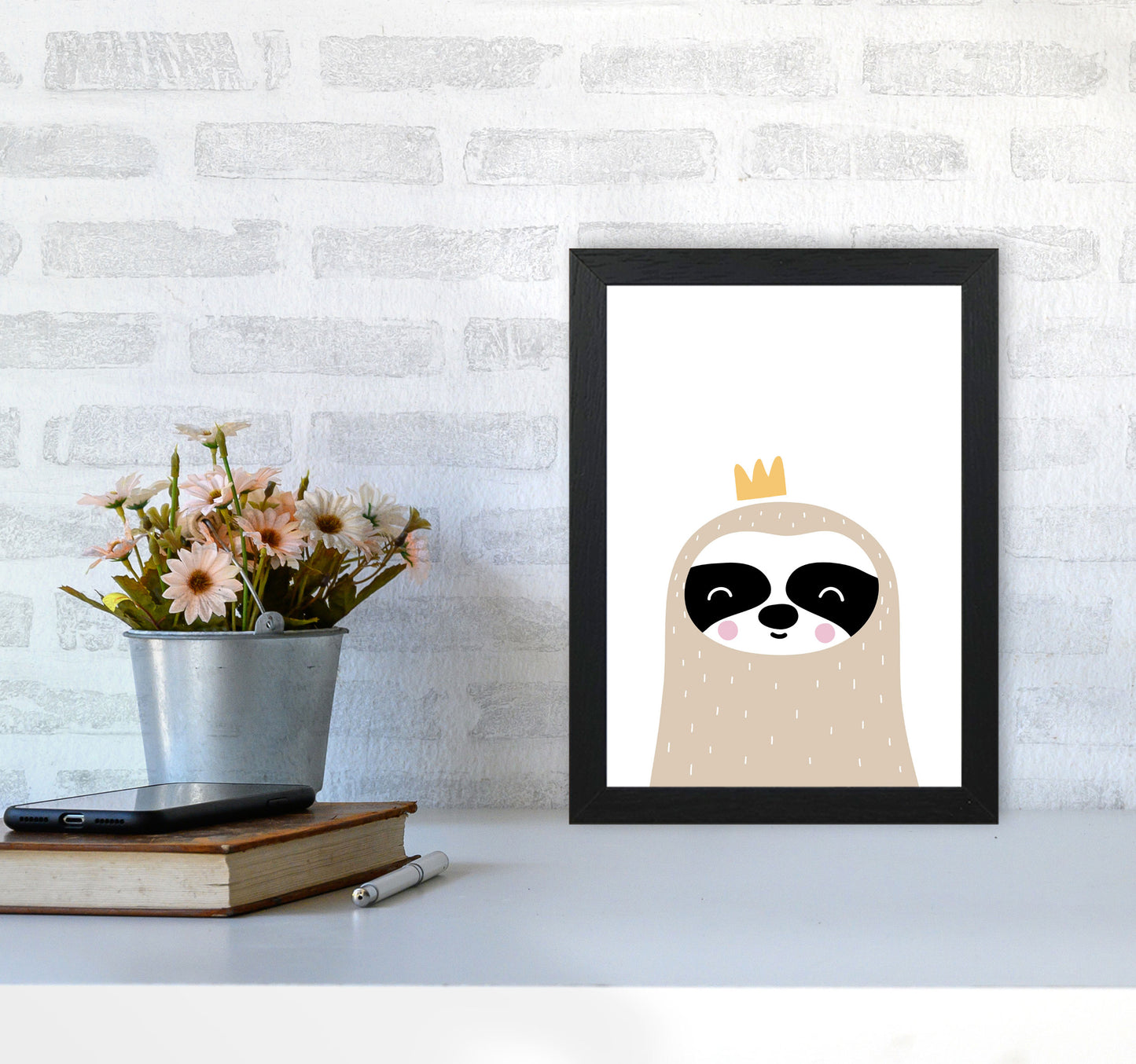 Scandi Sloth With Crown Framed Nursey Wall Art Print A4 White Frame