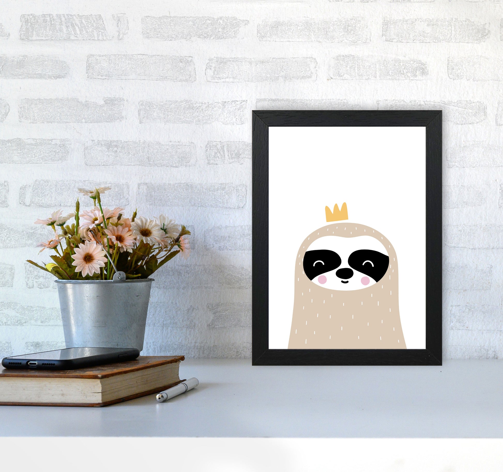 Scandi Sloth With Crown Framed Nursey Wall Art Print A4 White Frame