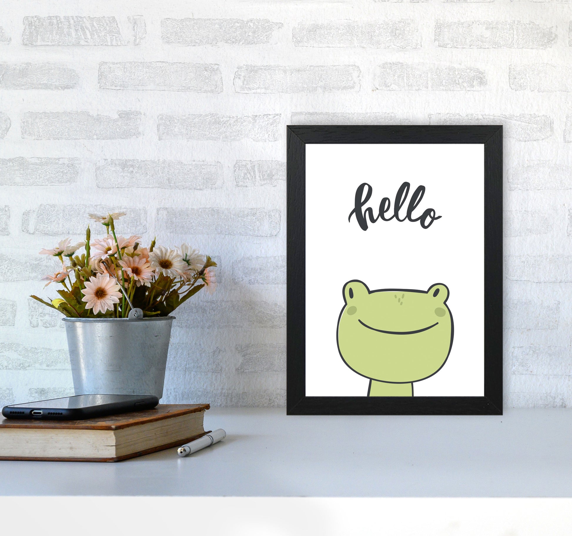 Hello Frog Modern Print Animal Art Print A4 White Frame