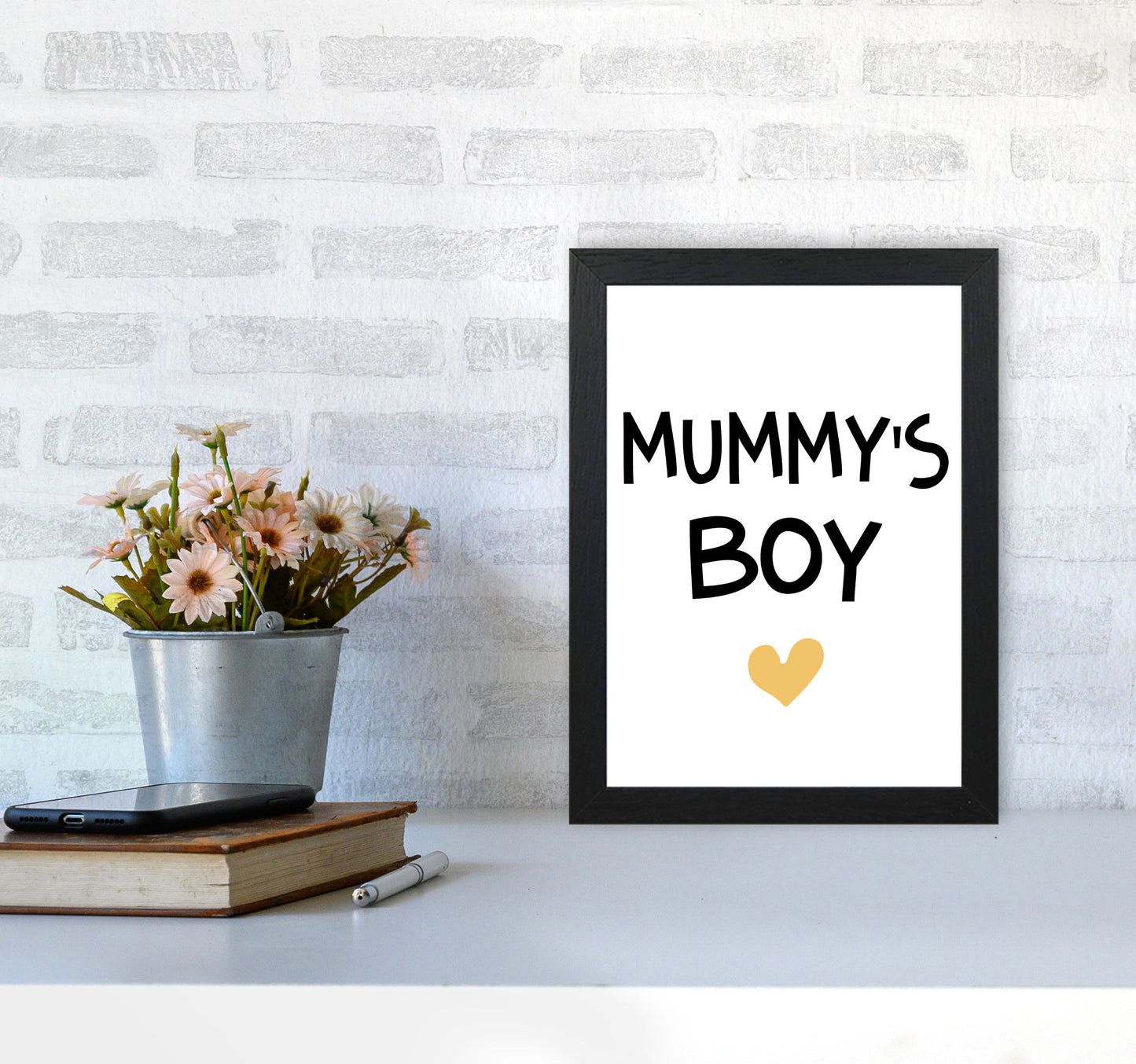 Mummy&#39;s Boy Mustard Framed Nursey Wall Art Print A4 White Frame