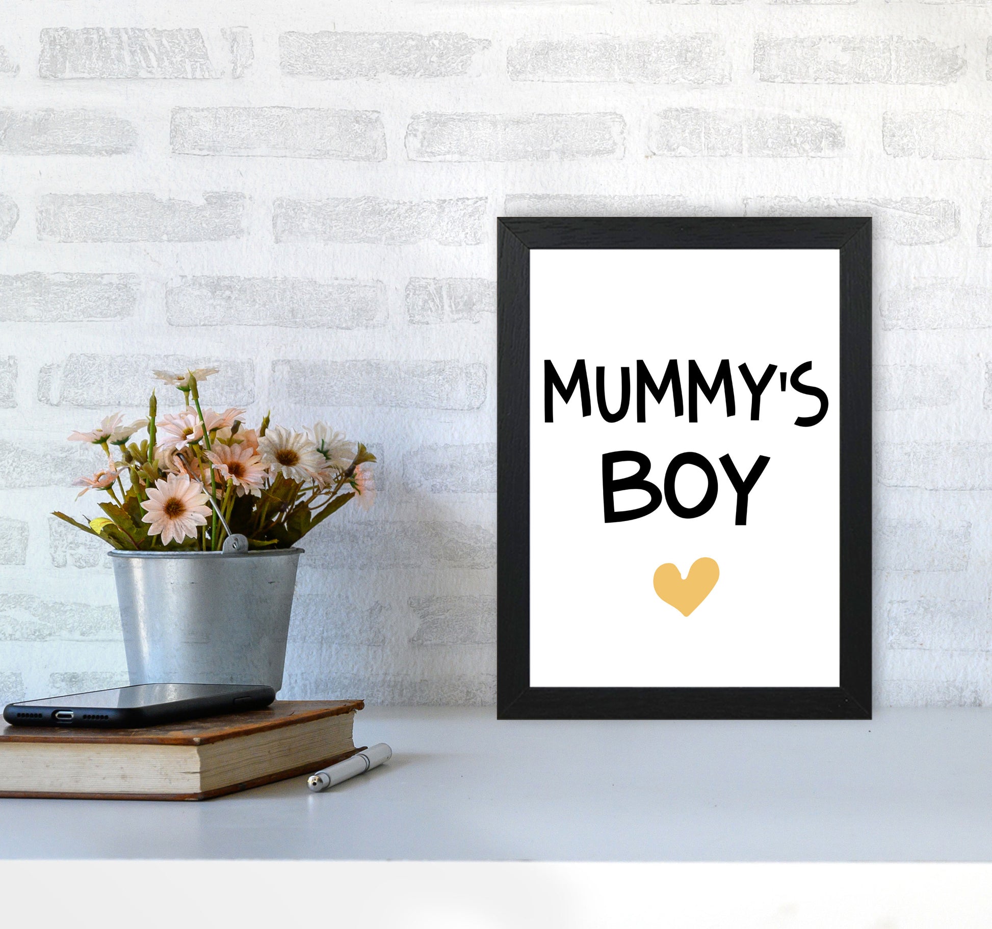 Mummy&#39;s Boy Mustard Framed Nursey Wall Art Print A4 White Frame