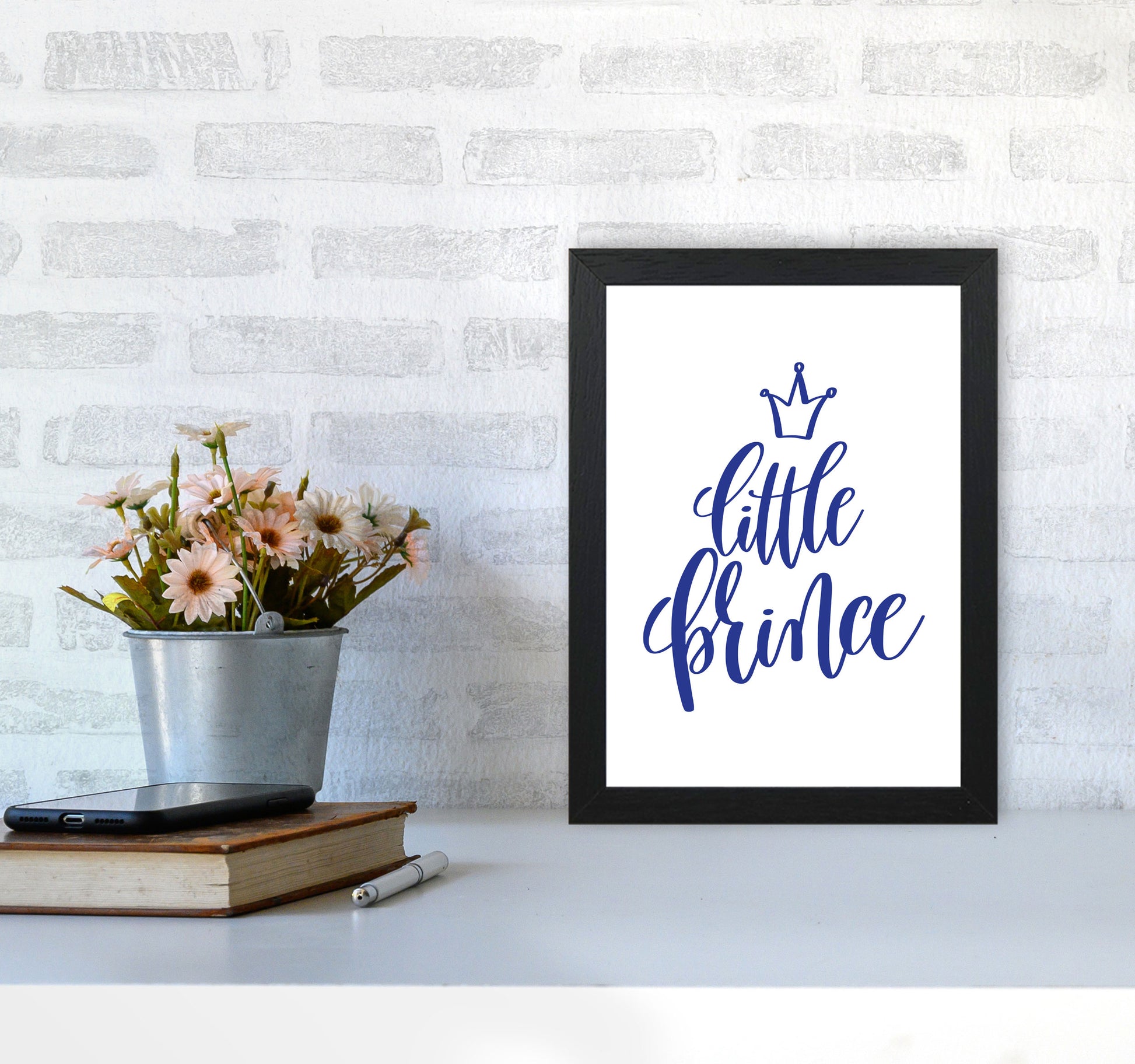 Little Prince Navy Framed Nursey Wall Art Print A4 White Frame