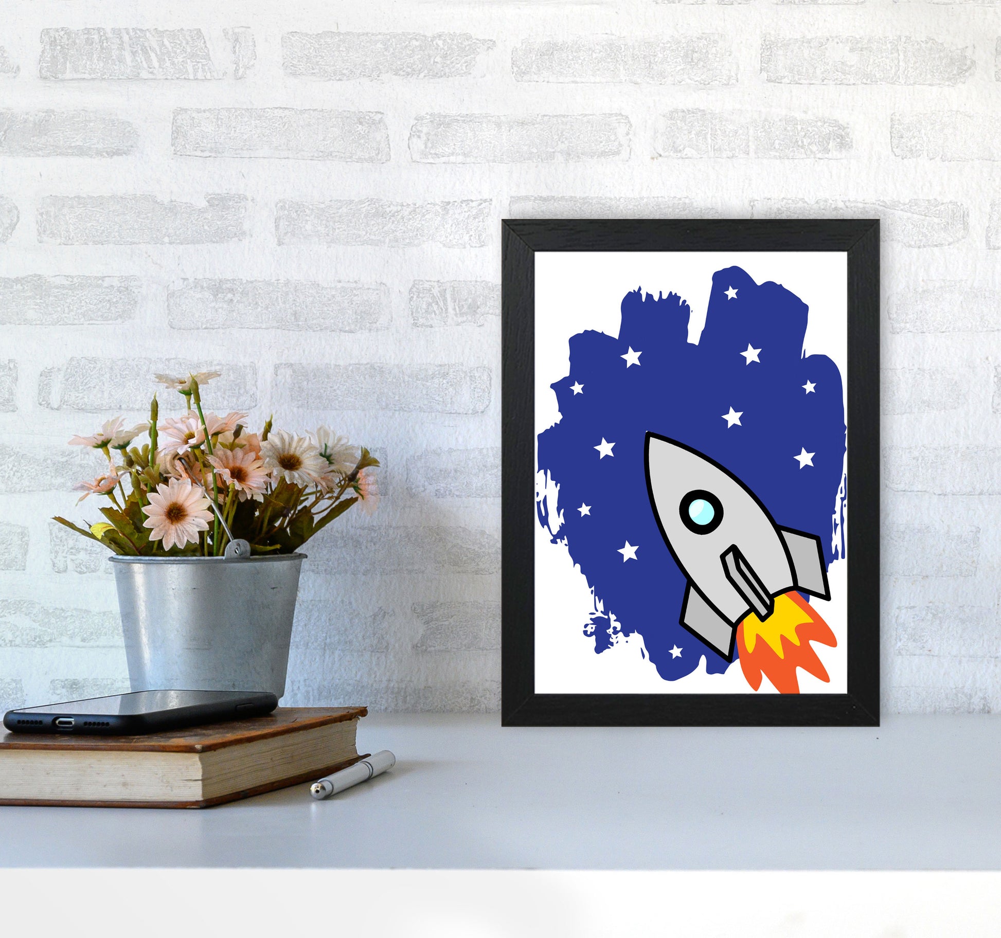 Space Rocket Framed Nursey Wall Art Print A4 White Frame