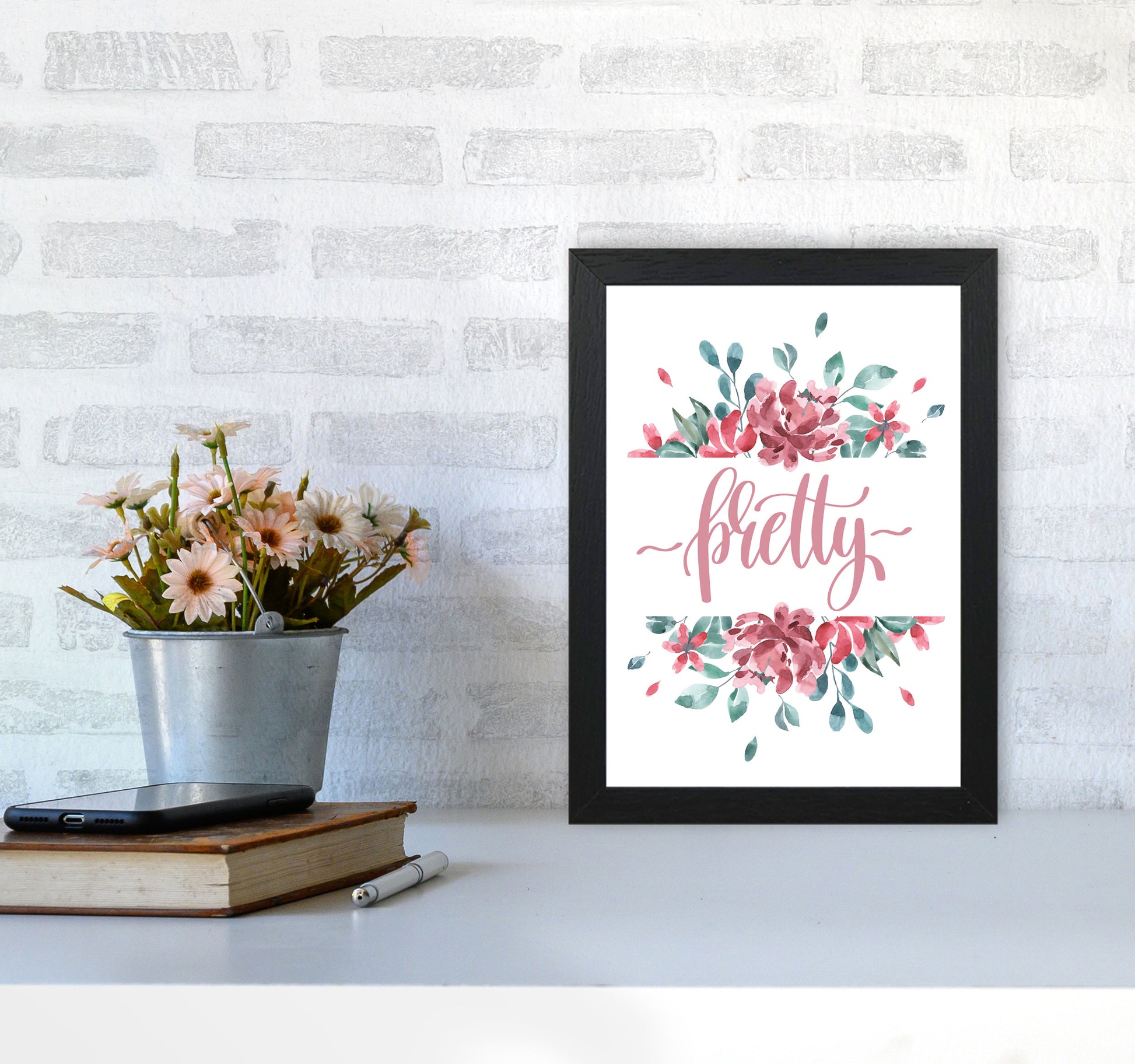 Pretty Pink Floral Framed Typography Wall Art Print A4 White Frame