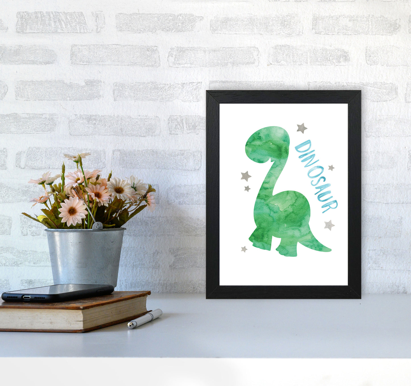 Dinosaur Watercolour Modern Print A4 White Frame