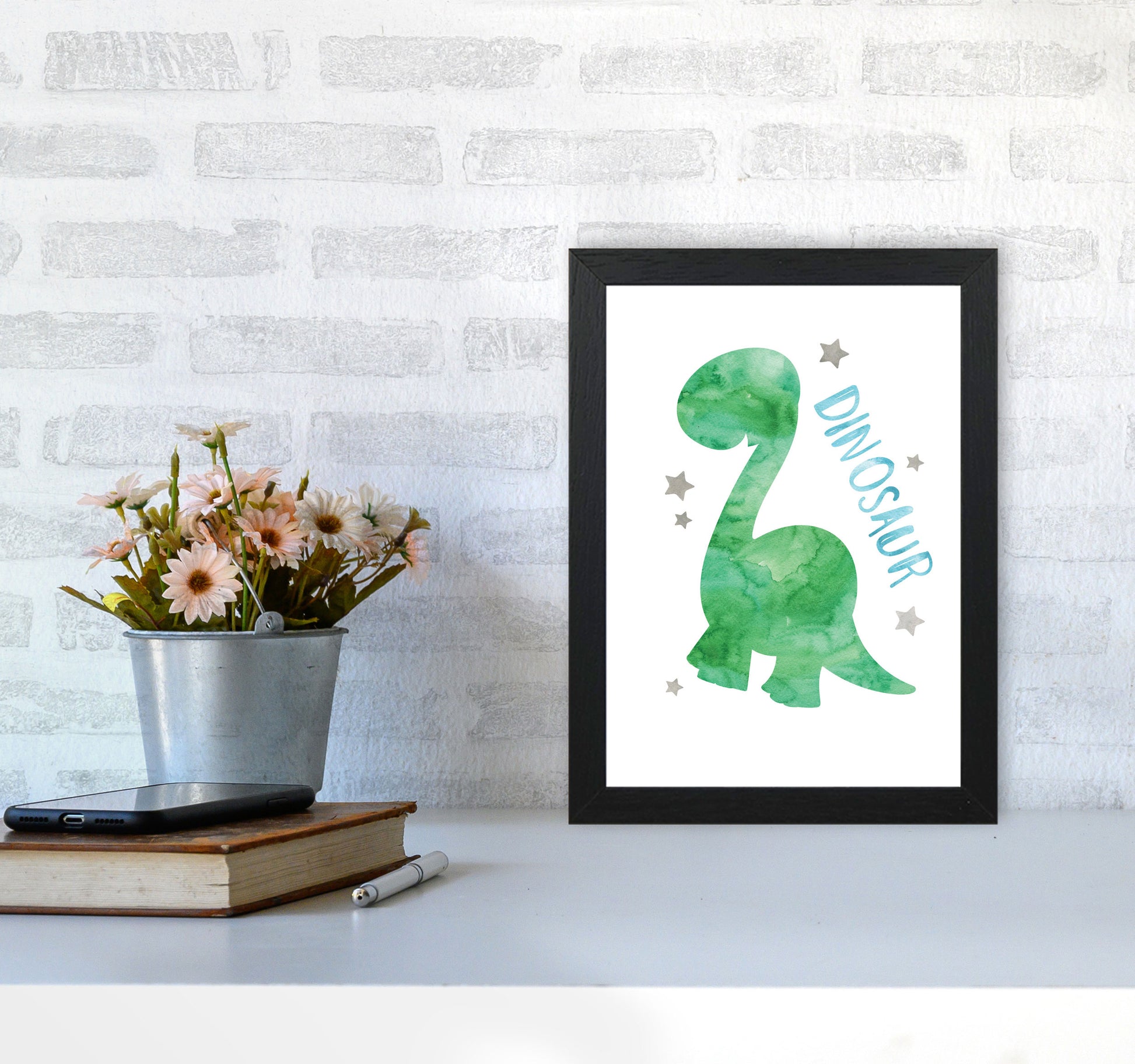 Dinosaur Watercolour Modern Print A4 White Frame