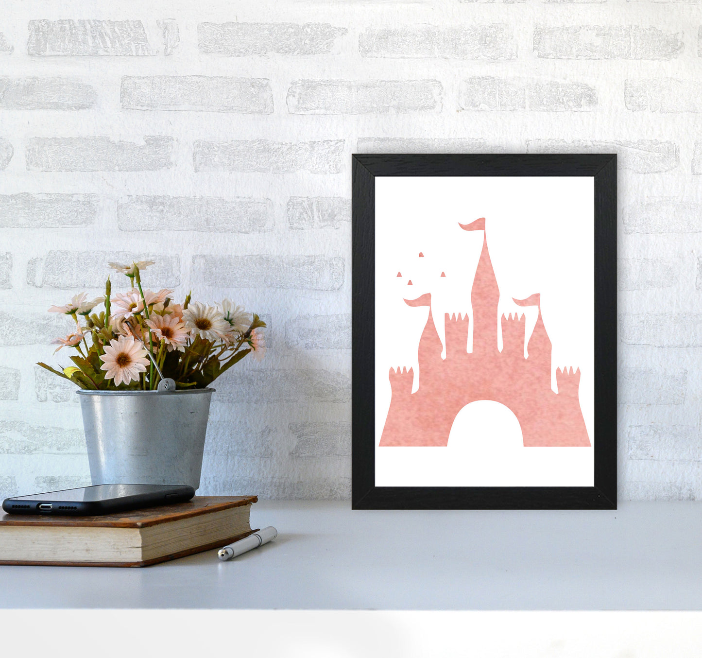 Peach Castle Watercolour Modern Print A4 White Frame