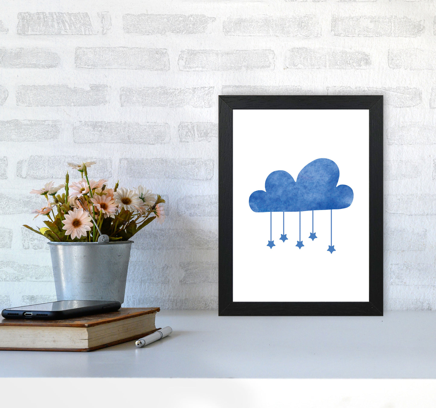 Blue Cloud Watercolour Modern Print A4 White Frame