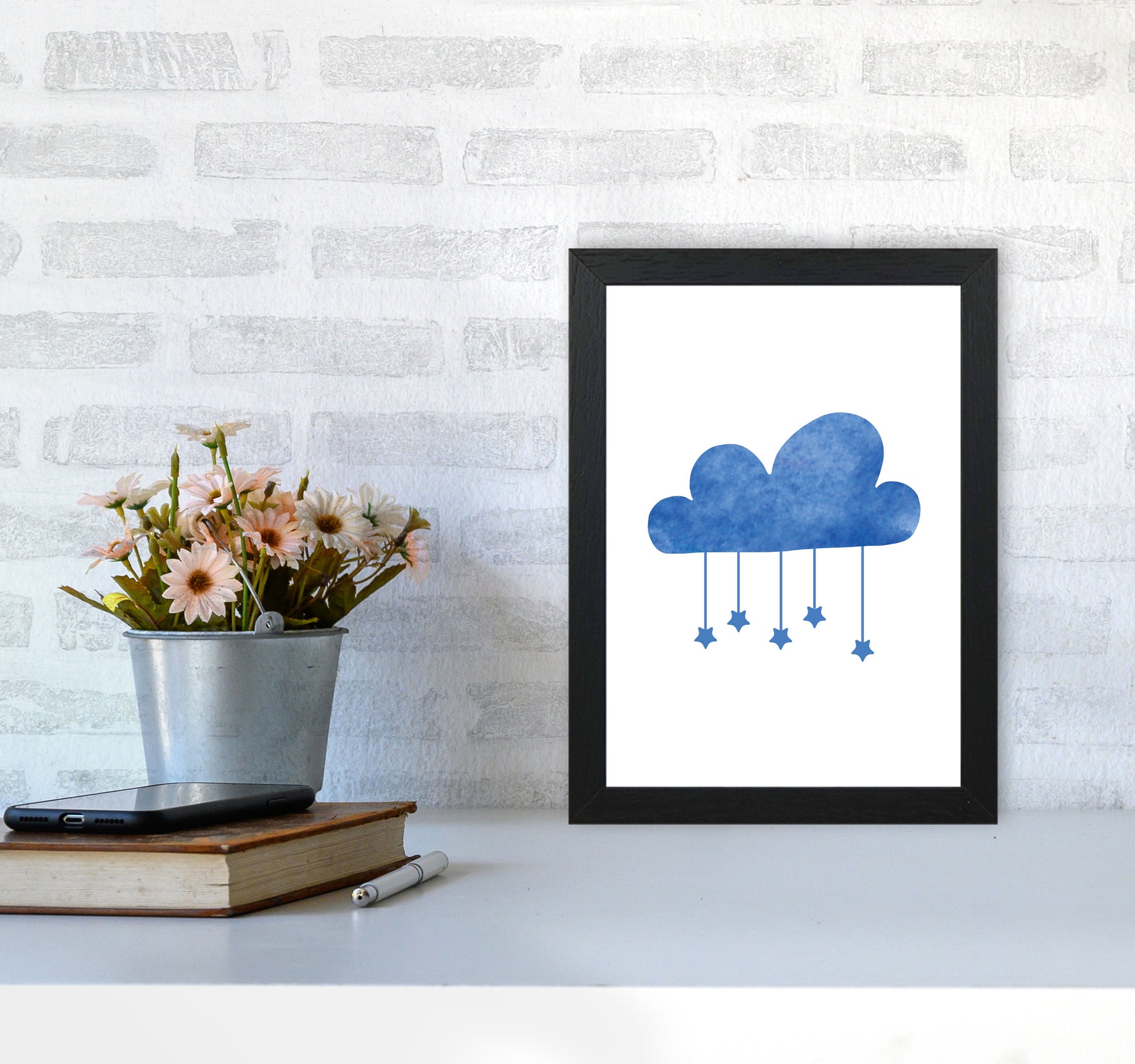 Blue Cloud Watercolour Modern Print A4 White Frame
