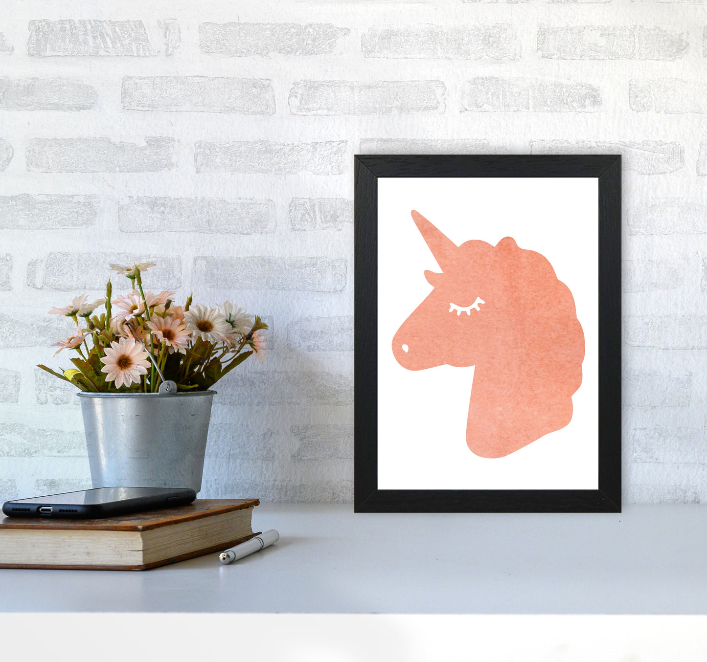 Unicorn Peach Silhouette Watercolour Modern Print A4 White Frame