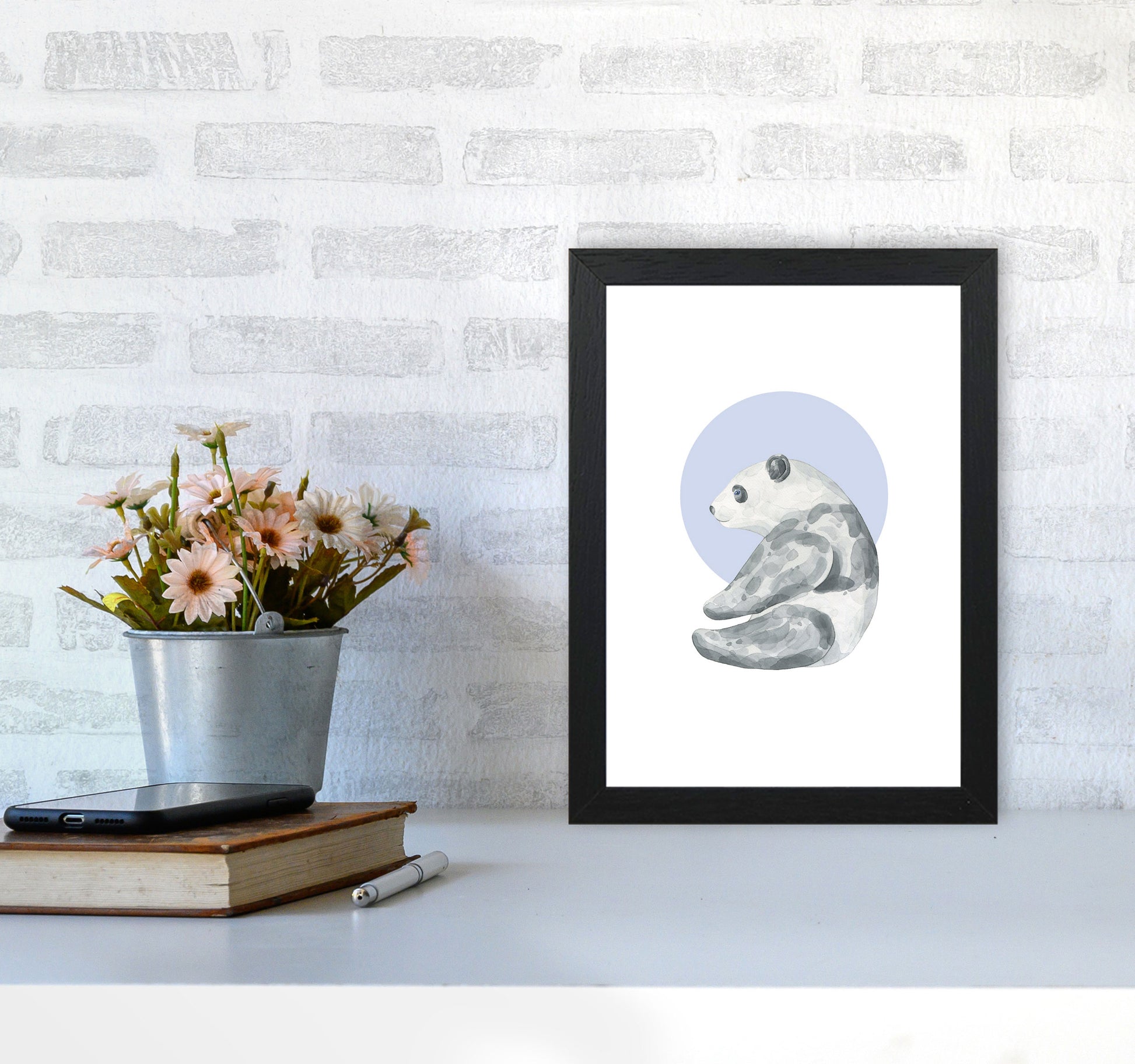 Watercolour Panda With Blue Circle Modern Print, Animal Art Print A4 White Frame