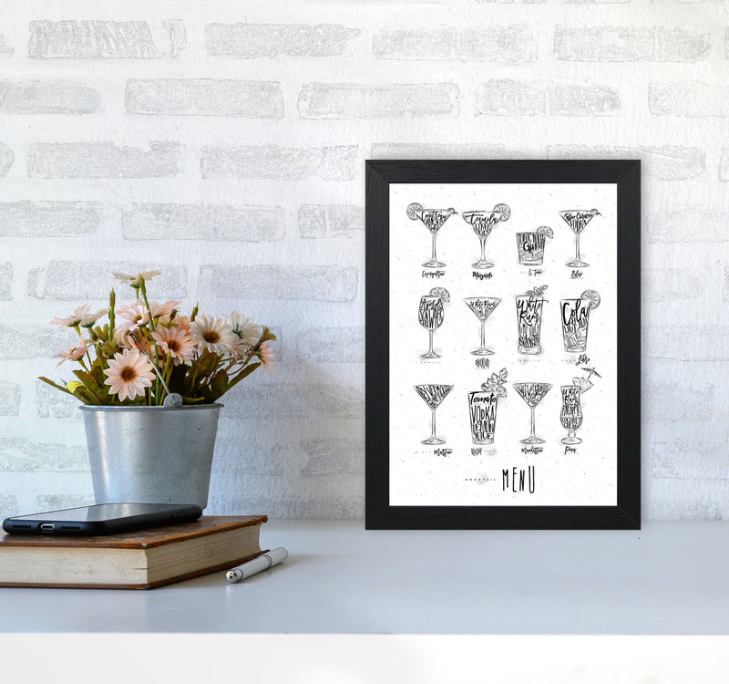 Cocktails Menu Modern Print, Framed Kitchen Wall Art A4 White Frame