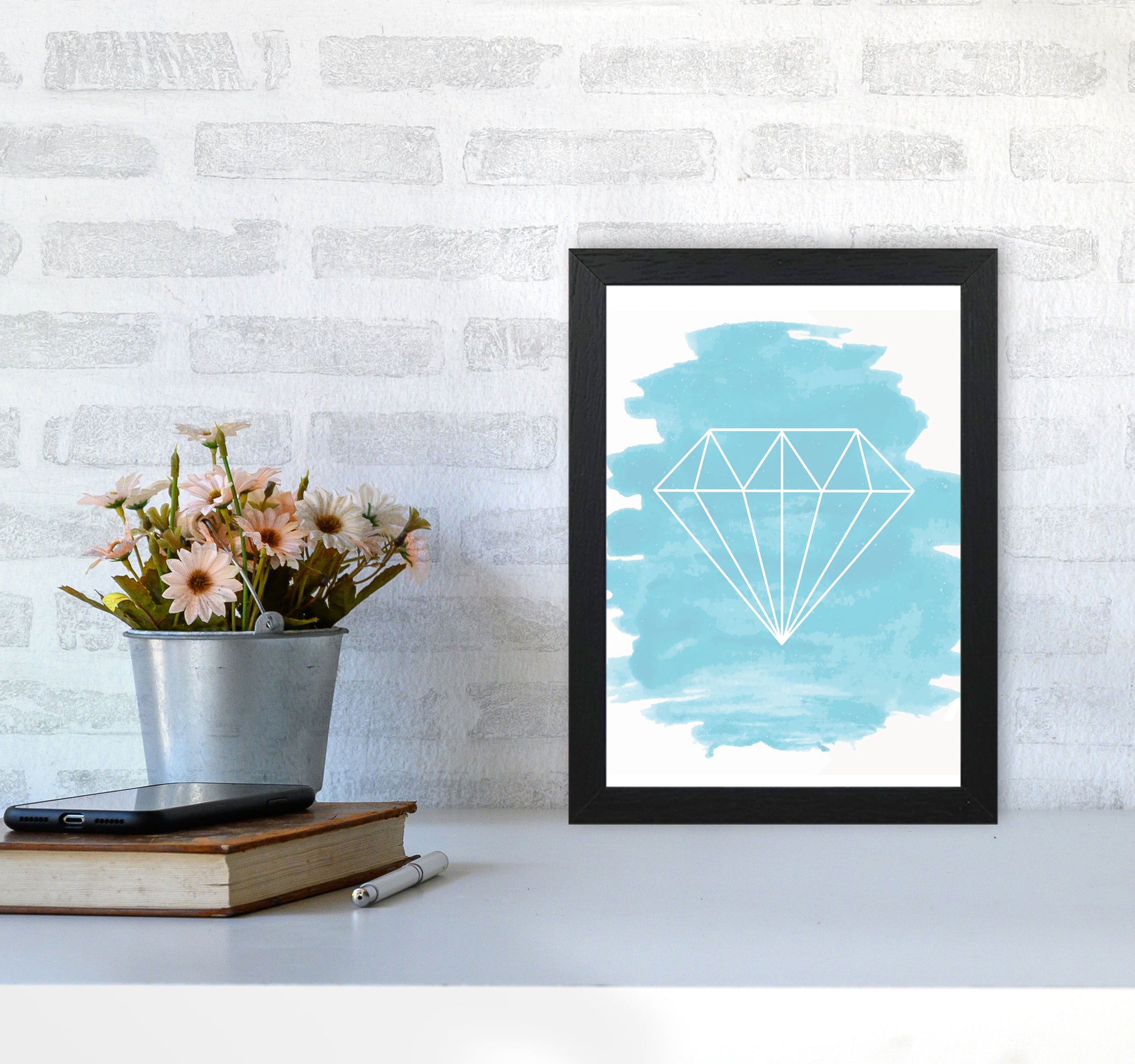 Geo Diamond Light Blue Watercolour Modern Print A4 White Frame
