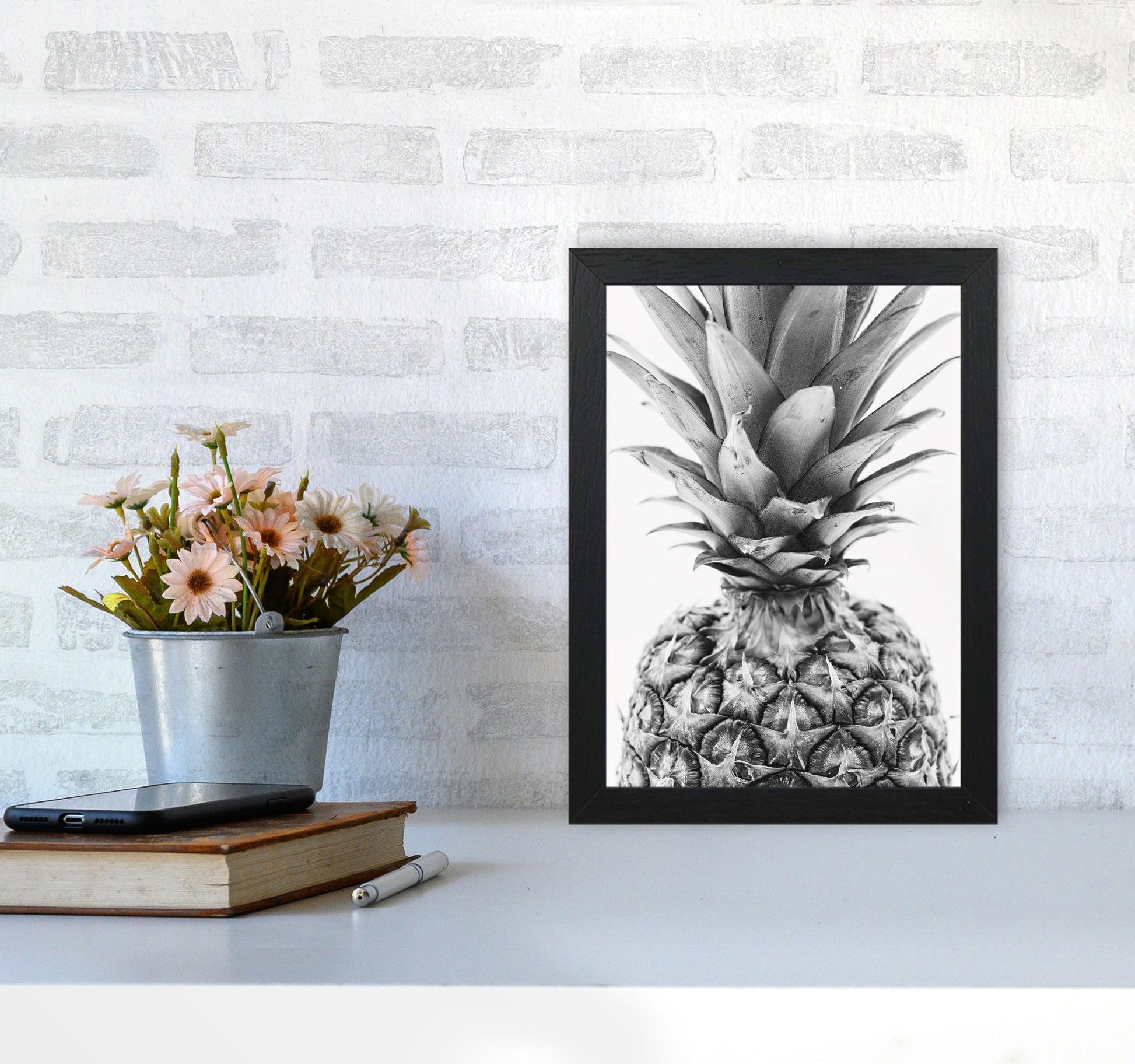 Black And White Pineapple Modern Print, Framed Kitchen Wall Art A4 White Frame