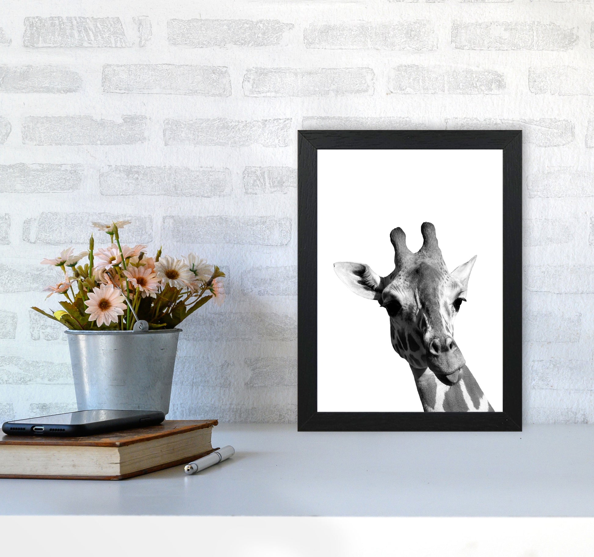 Black And White Giraffe Modern Print Animal Art Print A4 White Frame