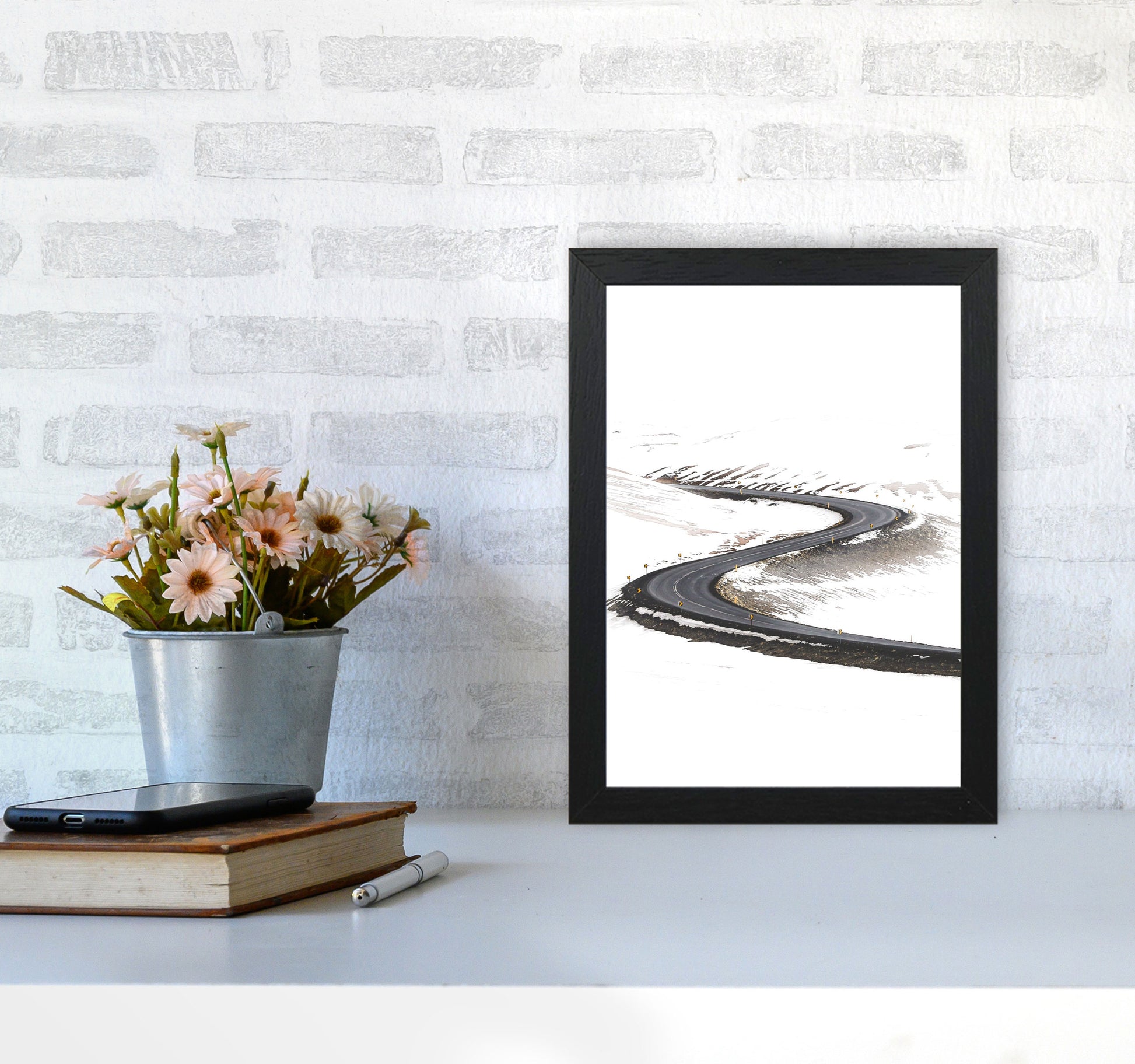 Snowy Road Pass Modern Print A4 White Frame